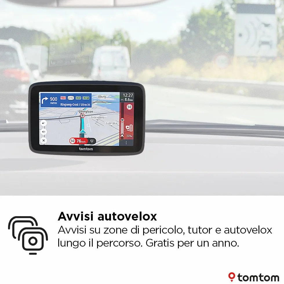 TomTom Navigatore per Auto GO Advanced (6", Info traffico e Avvisi autovelox, mappe mondo, Aggiornamenti Wi-Fi, Indicatore corsia in movimento, Segnali visivi, Supporto reversibile integrato)