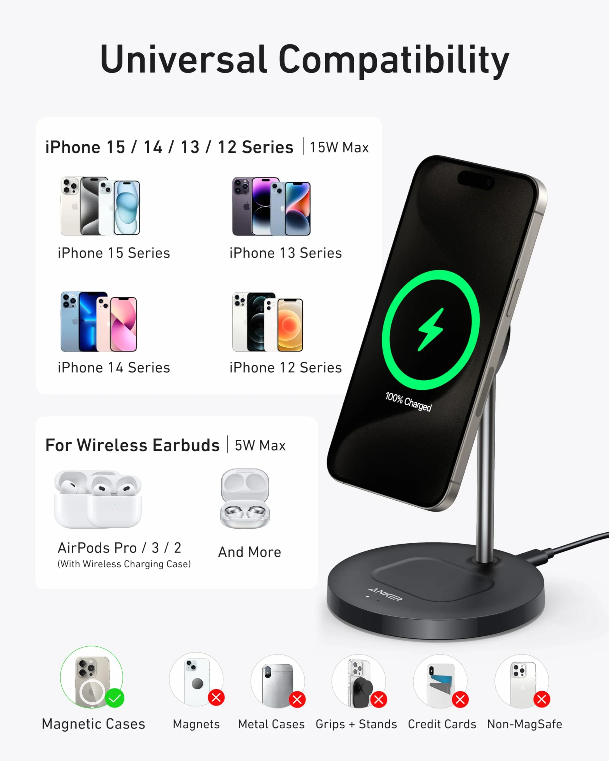 Anker Caricatore Wireless iPhone 15W Supporto di Ricarica Regolabile 2 in 1 con Cavo USB-C da 1,5m, doppio LED, Ricarica Ultraveloce 15W MagSafe per iPhone serie 16/15 e AirPods (senza adattatore AC)