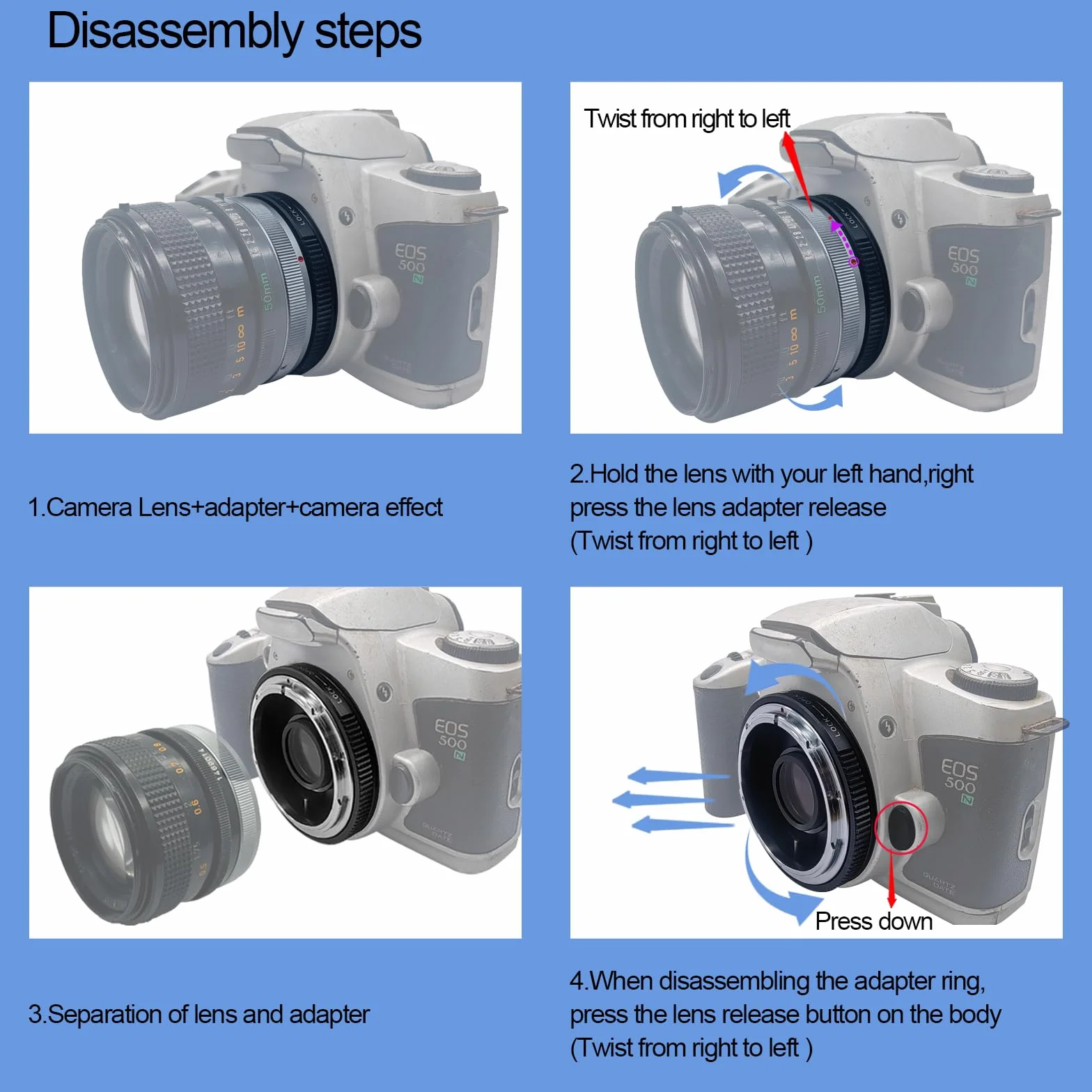 FD-EOS Adattatore per obiettivo per obiettivo Canon (FD/FL), compatibile con fotocamera EOS EF-S Mount 7D,10D,20D,30D, 40D,50D,60D, Rebel xt,T2i,T3,T3i,T4,400D,450D,1300D