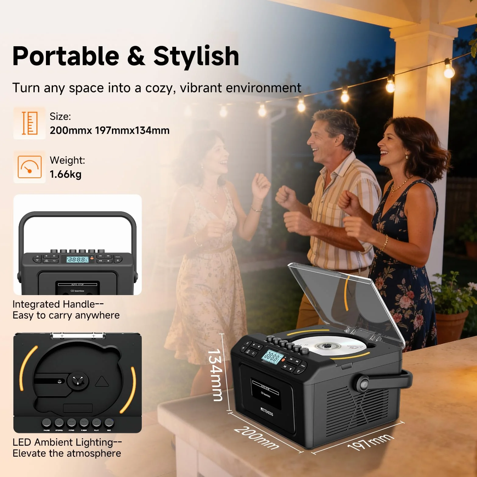 Retekess TR642 Lettore CD Boombox Portatile, Radio con Lettore CD, AM FM Radio, Connettività Wireless, USB/AUX/TF, con Telecomando, Jack per Cuffie, Batterie Ricaricabili, Adatto alle Famiglie