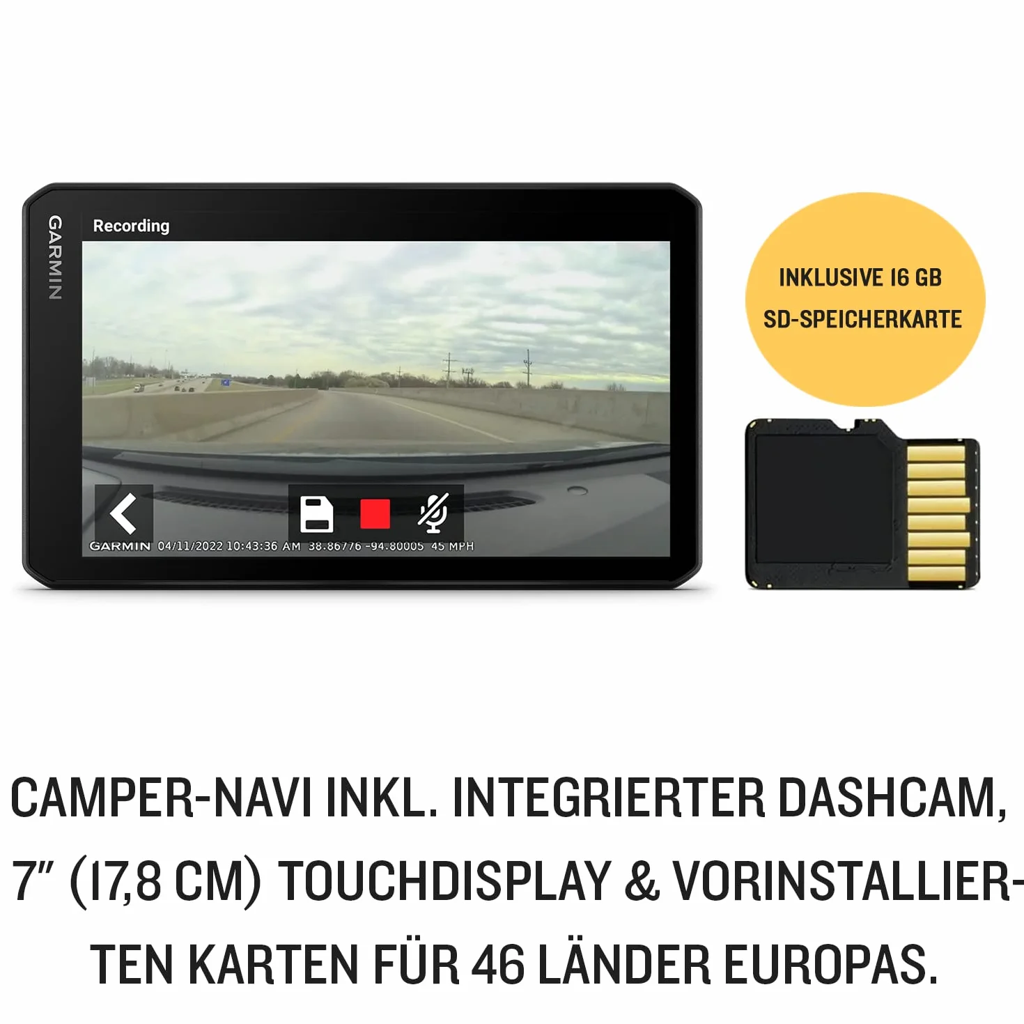 Garmin CamperCam 795 MT-D, Navigatore GPS per Camper e Caravan, Dash Cam integrata, Registra video a ciclo continuo, Salvataggio automatico, Infotraffico DAB