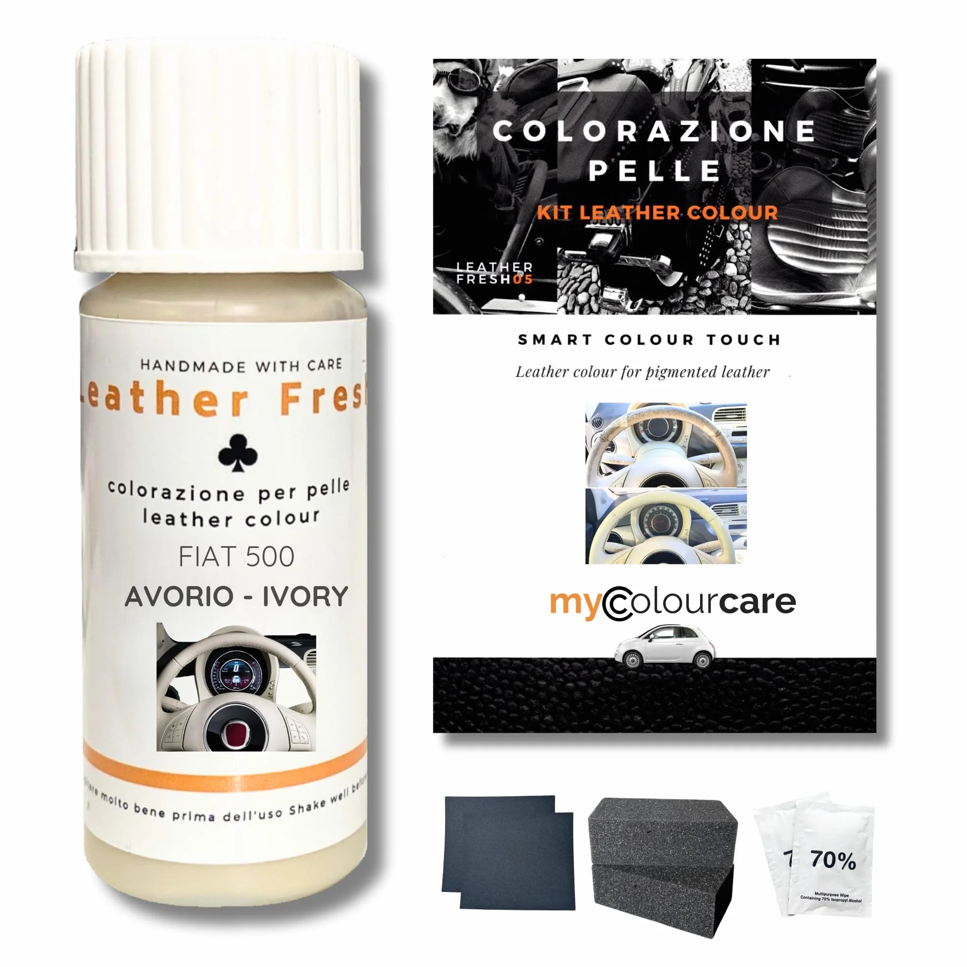 Mycolourcare Kit Ritocco Volante compatibile Fiat 500 Bianco Avorio Pelle Similpelle 3 in 1