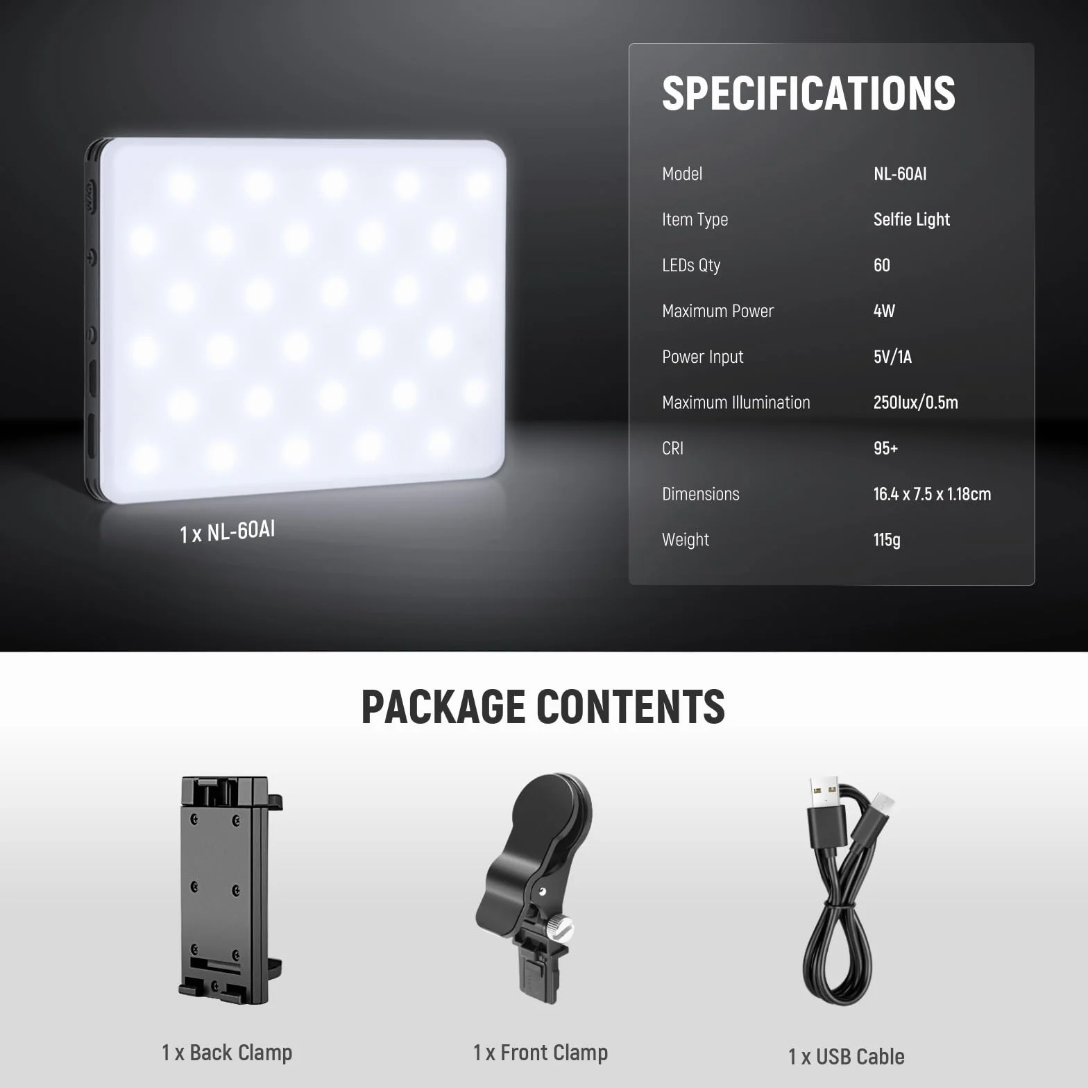 NEEWER LED Luce Selfie con Clips per Telefono, Luce Portatile per Foto Cellulare/Zoom Conferenza da Laptop, 60 LED Alta Potenza 2000mAh Ricaricabile CRI 95+, 3 Modalità di Luce, Luce Video per TikTok