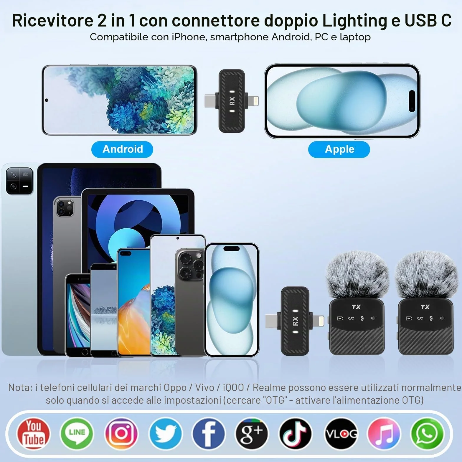 Microfono Lavalier Mini per iPhone/iPad/Android, Mini Microfono Plug-Play, Riduzione del Rumore, Durata di Utilizzo di 25 Ore, Microfono Senza Fili Lavalier per Video, Vlog, YouTube, TikTok, Streaming
