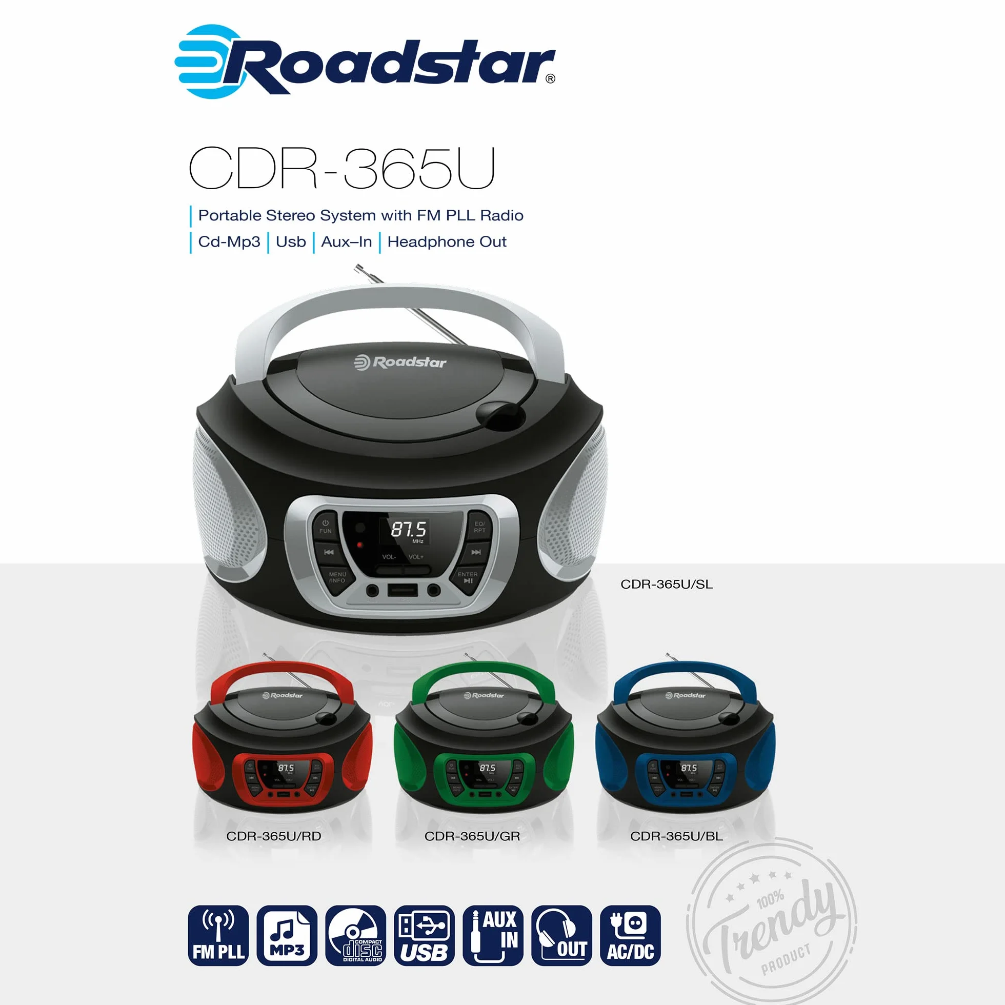 Roadstar Radio portatile stereo FM + CD - MP3 player e ingresso USB rossa
