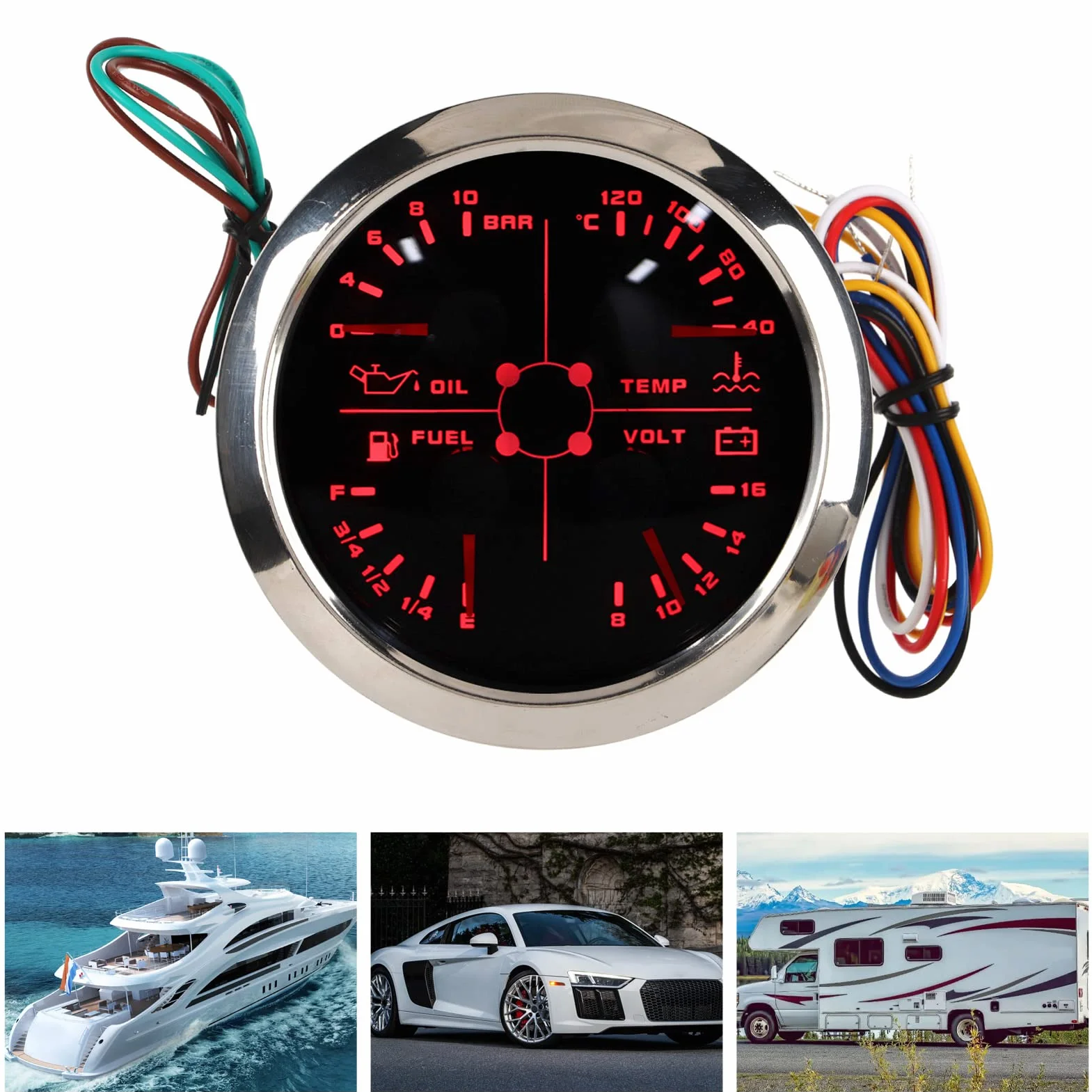 Misuratore di Livello Multifunzionale 4 in 1, Voltmetro Universale DC 9‑32 V 85 Mm Temperatura Acqua Marina Livello Carburante Pressione Olio con Retroilluminazione per Yacht Barca (Nero °C/Bar)