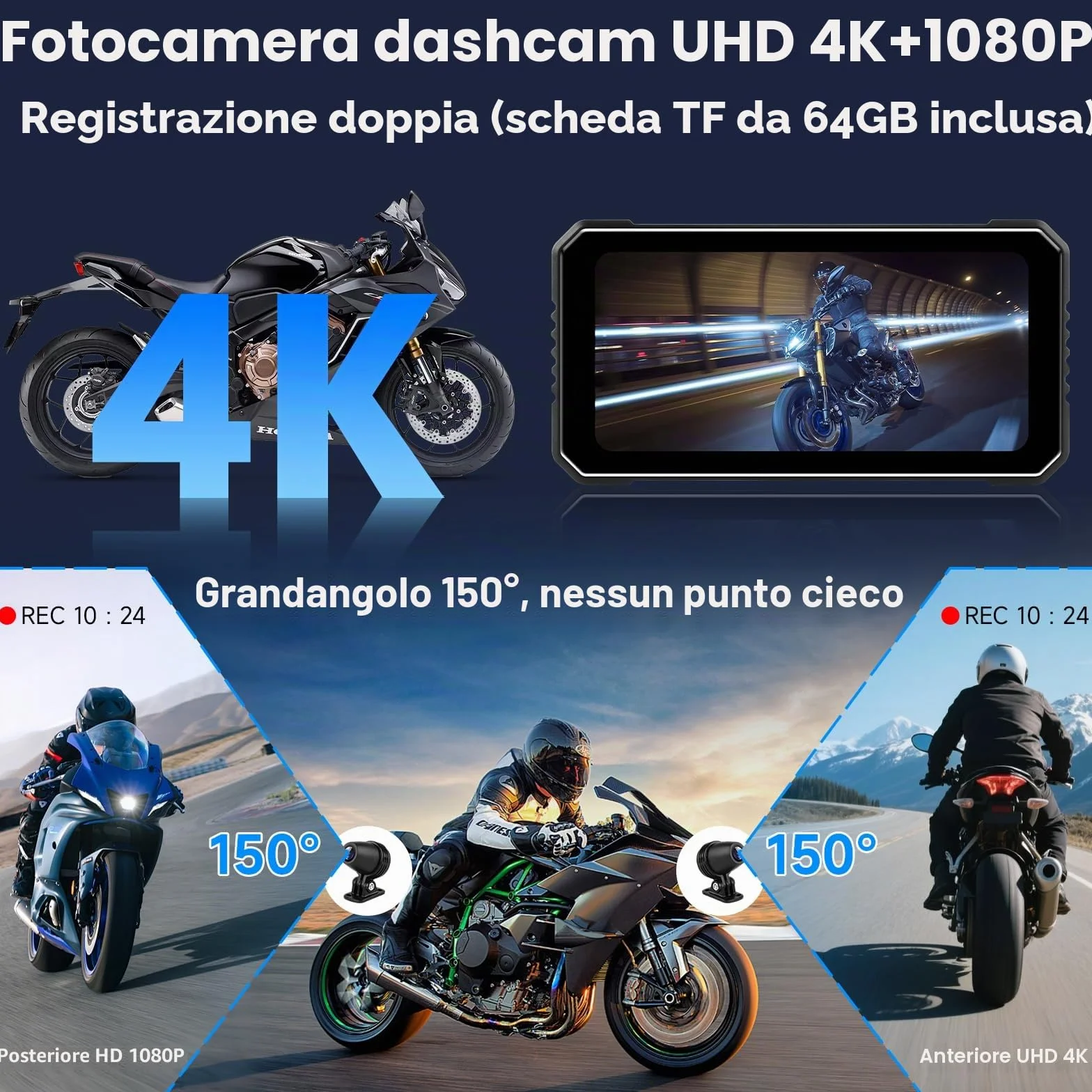 Vtopek Carplay Moto 6,25 Pollici Dashcam 4K+1080P Dual Camera Impermeabile Navigazione GPS Bluetooth Siri 64GB