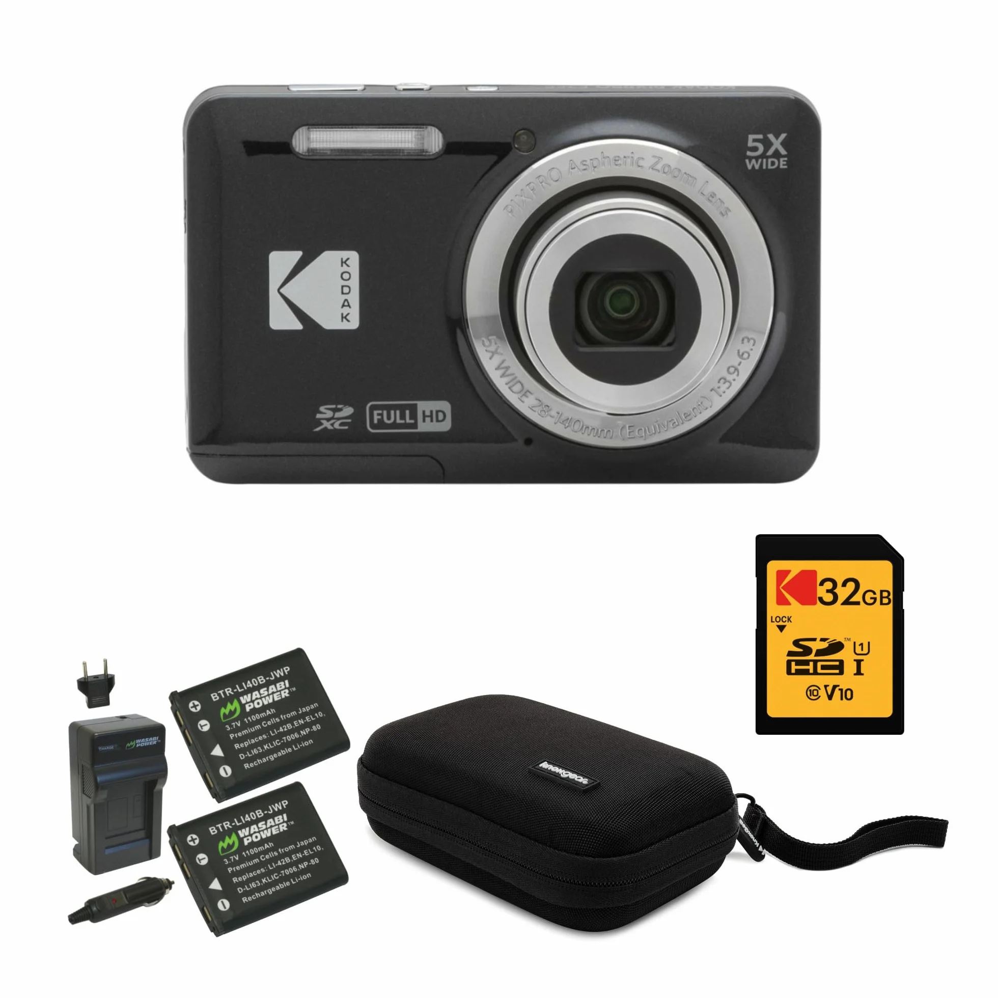 PIXPRO FZ55 Friendly Zoom fotocamera digitale (nero) confezione con scheda SD da 32 GB, custodia per fotocamera e caricabatterie da viaggio con batteria (4 articoli)