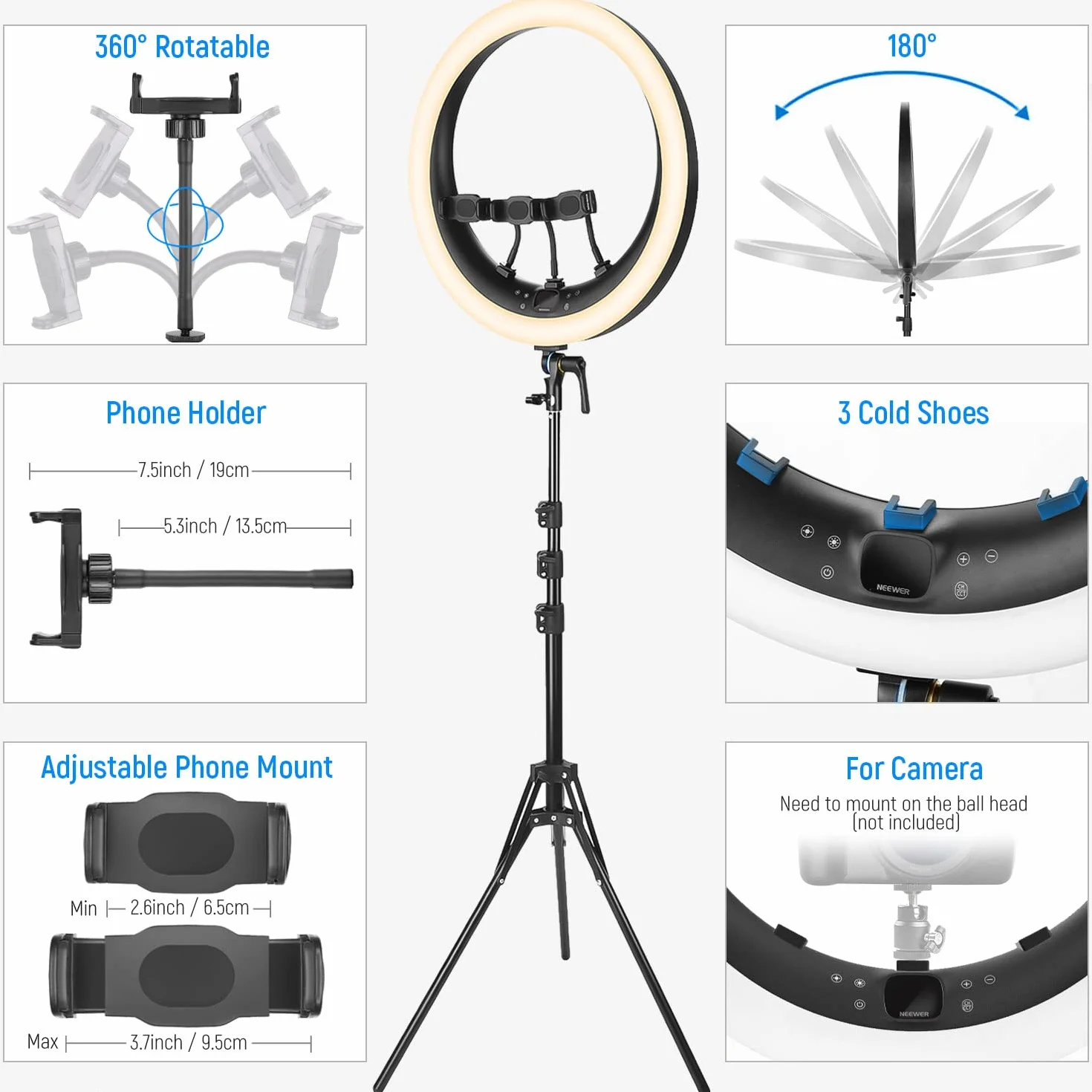 NEEWER Ring Light RP19H 19" 42W CRI97+ 2540lux, Stativo e Portatelefono, Controllo 2.4G Touch, Illuminazione Streaming Zoom