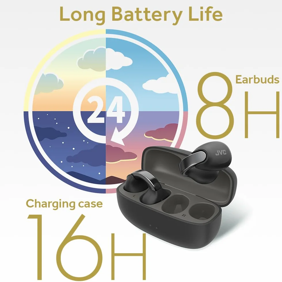 JVC Nearphones HA-NP1T-B, Cuffie in stile Earcuff con archetto lucido, vestibilità comoda, connessione multipoint, Bluetooth 5.3, autonomia di 24 ore, compatibili con app - Nero