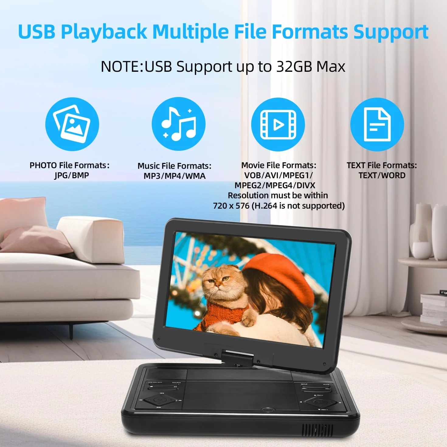 KCR Lettore DVD Portatile da 10,1 Pollici con TV DVB-T2 Integrata, Schermo LED Girevole, USB/HDMI/AV, Batteria Ricaricabile