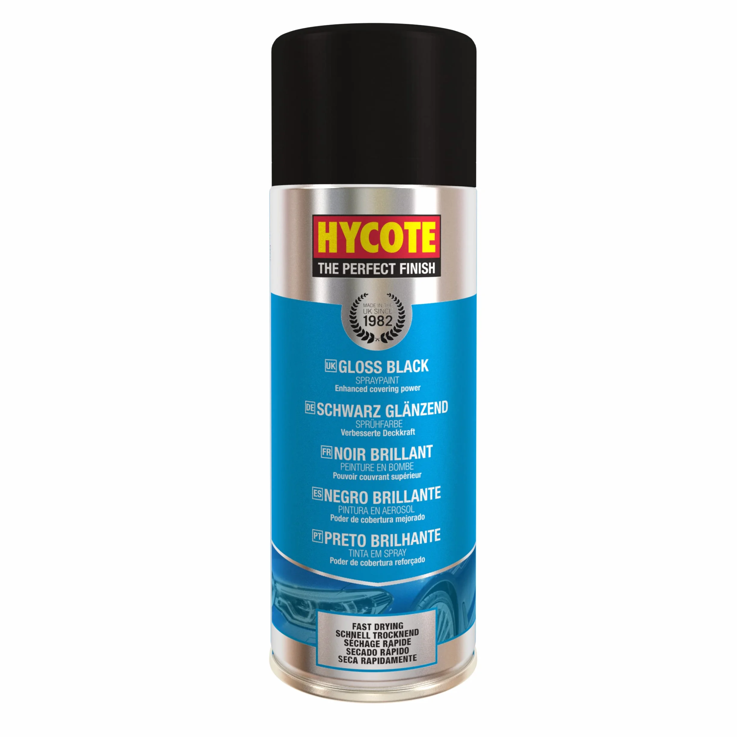 Hycote Vernice Spray Nero Lucido 400 ml, Asciugatura Rapida, Alta Copertura, per Auto, Metallo, Plastica e Ceramica