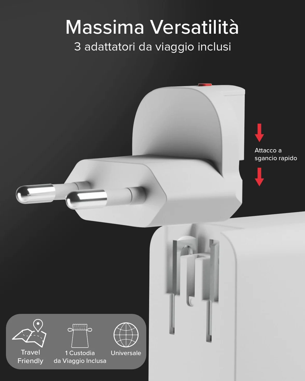 SBS Travel Adapter USB-C 100W, Caricatore da Viaggio con Spine US/UK/EU/AU | Convertitore Adattattore 4 porte USB, Power Delivery (PD), Ricarica Rapida per iPhone, Android, MacBook e Notebook, Bianco