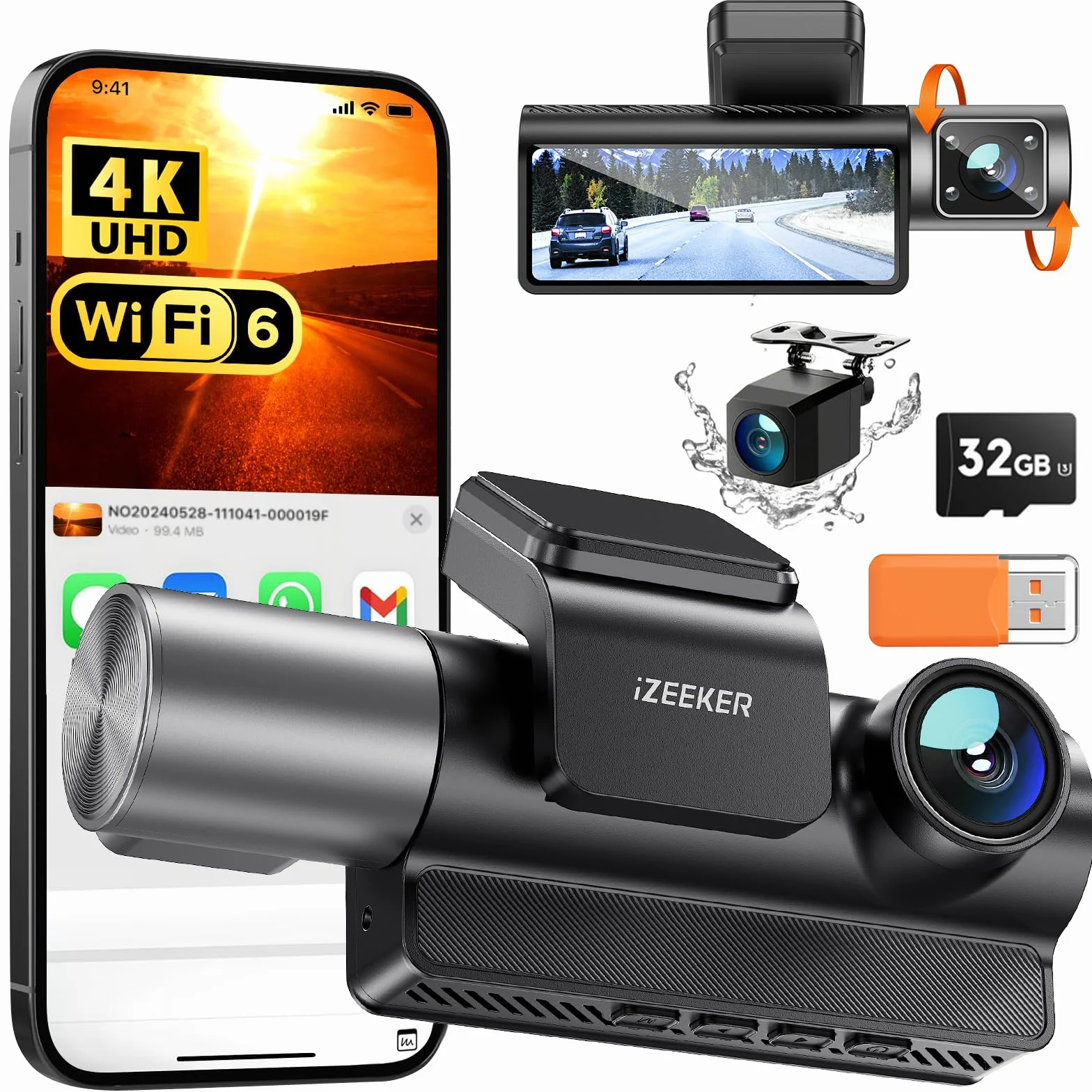 iZEEKER Dash Cam 3 Canali 4K con Scheda da 32GB GRATUITA, 4K+1080P+1080P Anteriore,Posteriore e Interna con WDR, WiFi 6, Angolo Larghezza 170°,Registrazione in Loop,Sensore G,Modalità Parcheggio 24H