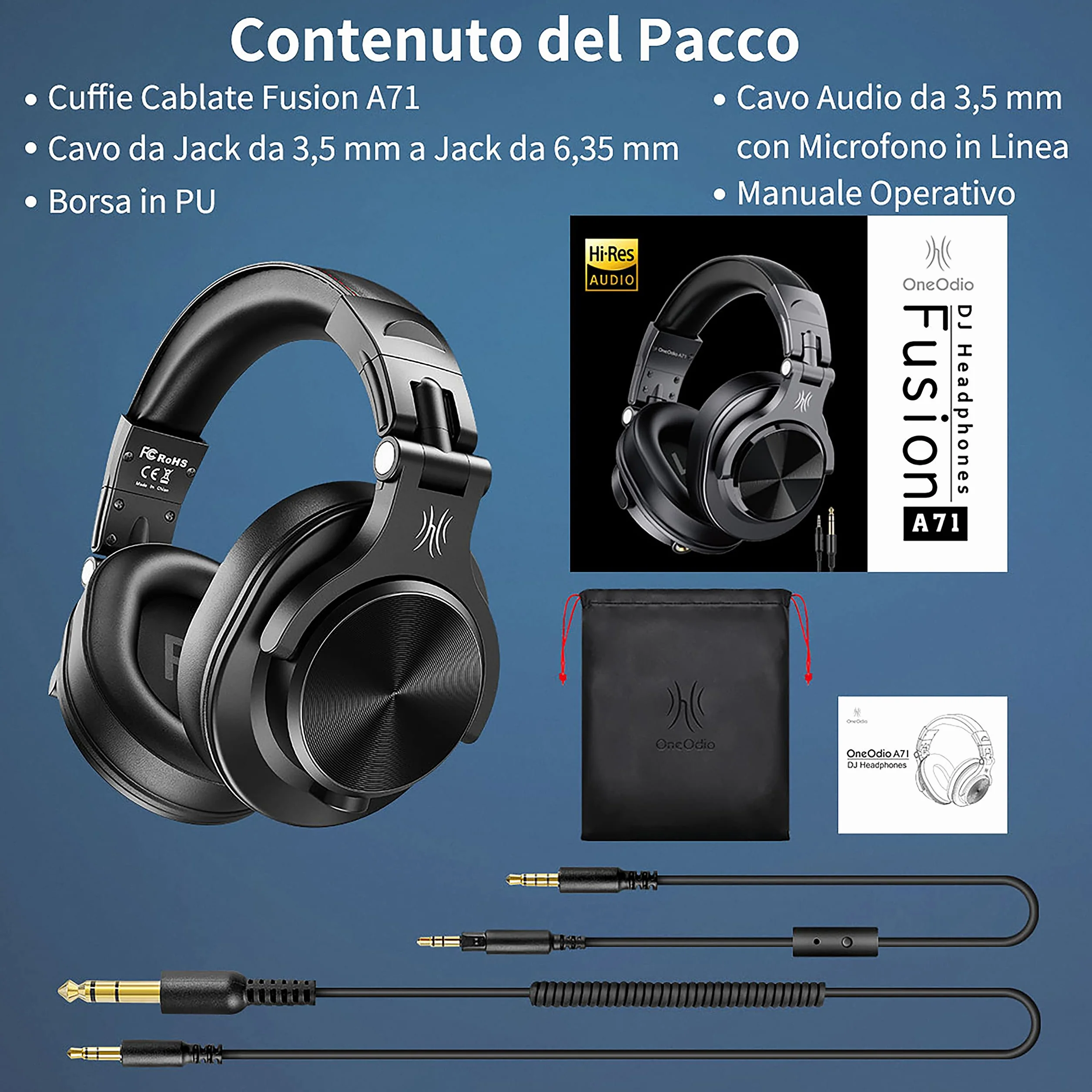 OneOdio A71 Hi-Res Cuffie Cablate Over Ear, Cuffie Musica con Audio Stereo e Shareport, Jack da 3,5 mm e 6,35 mm, Studio Registrazione, Monitoraggio Professionale e Mixaggio Cuffie Pieghevoli, Nero