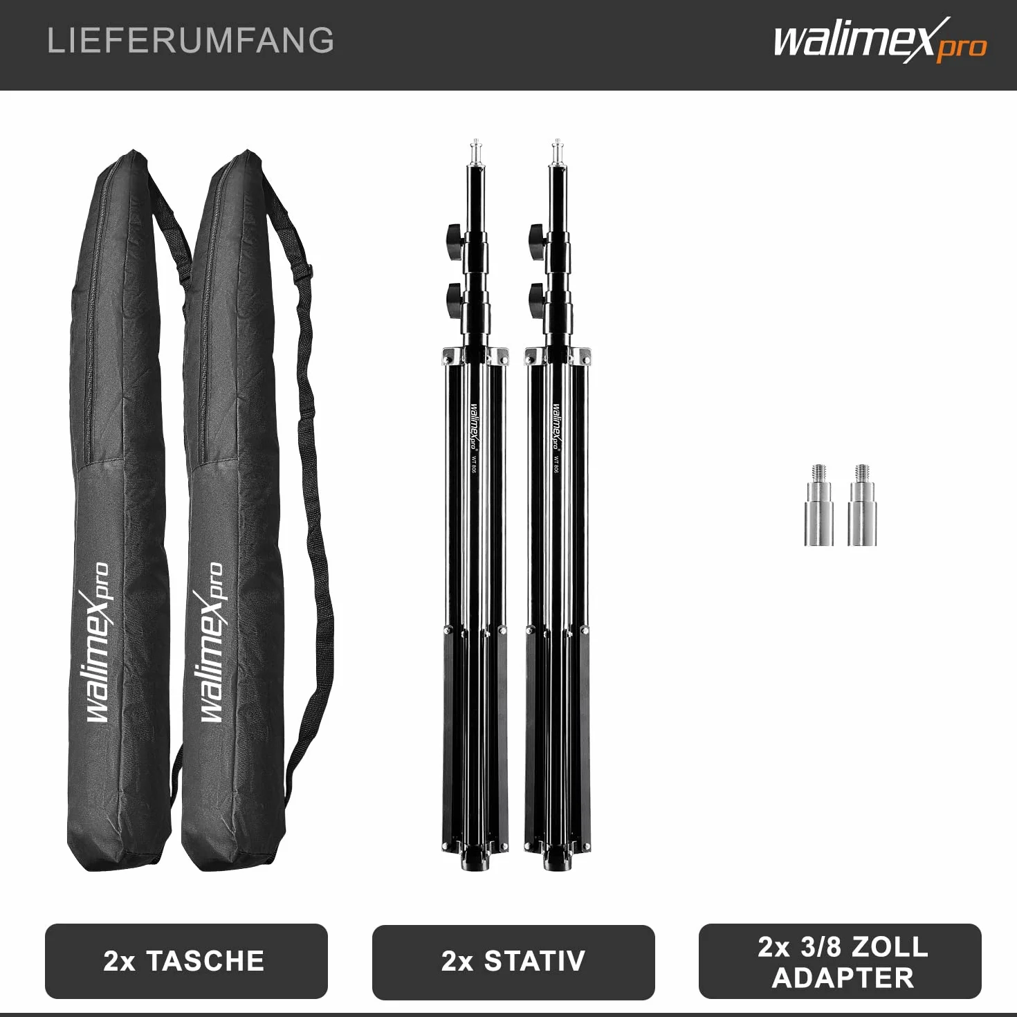 walimex Pro 2X treppiede per lampada WT-806 con ammortizzatore a molla I max. 256 cm I Treppiede per illuminazione stabile in grado di supportare fino a 6 kg