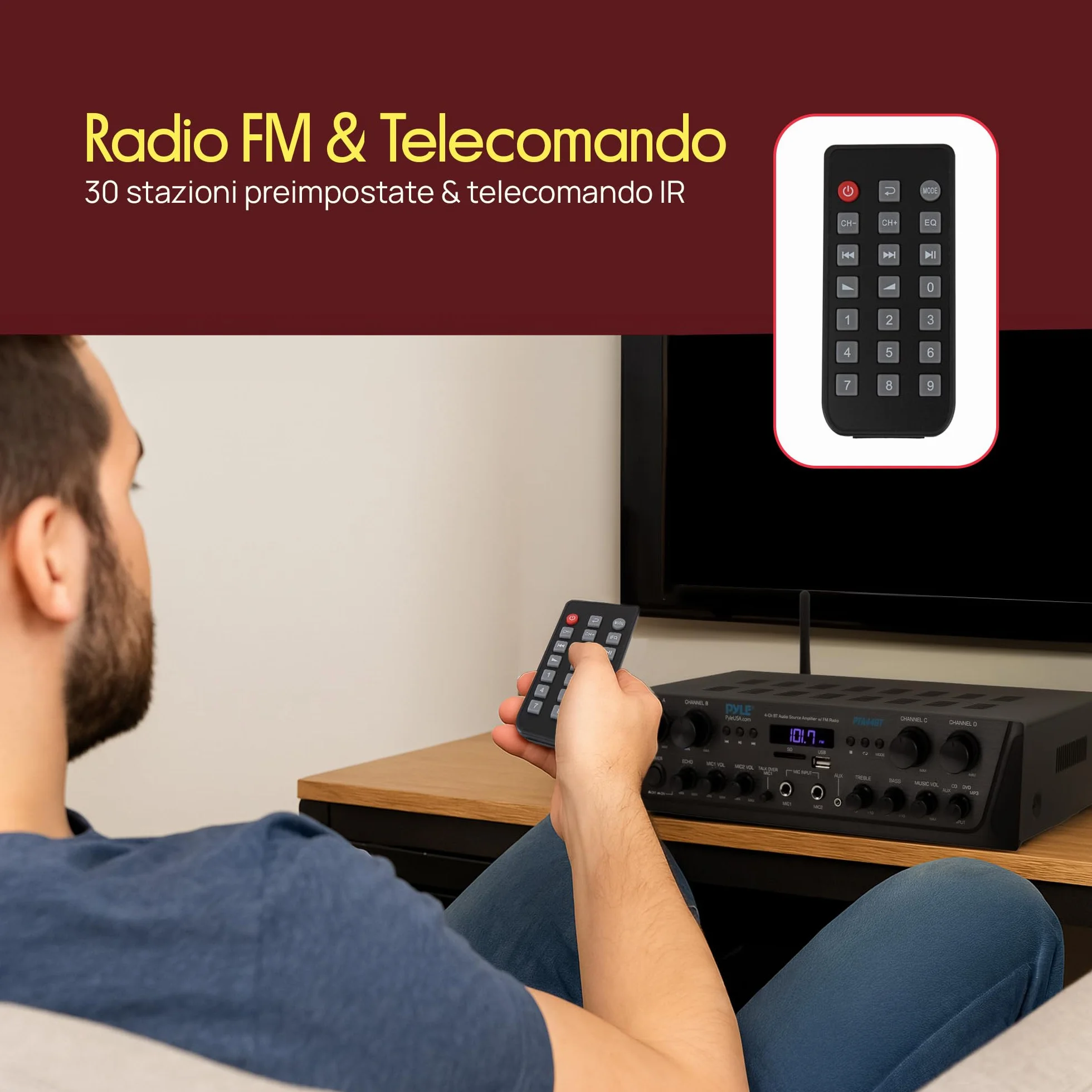 Pyle Amplificatore Karaoke Bluetooth Wireless 500 Watt, Audio Stereo 4 Canali con AUX, Radio FM, USB, Microfono In