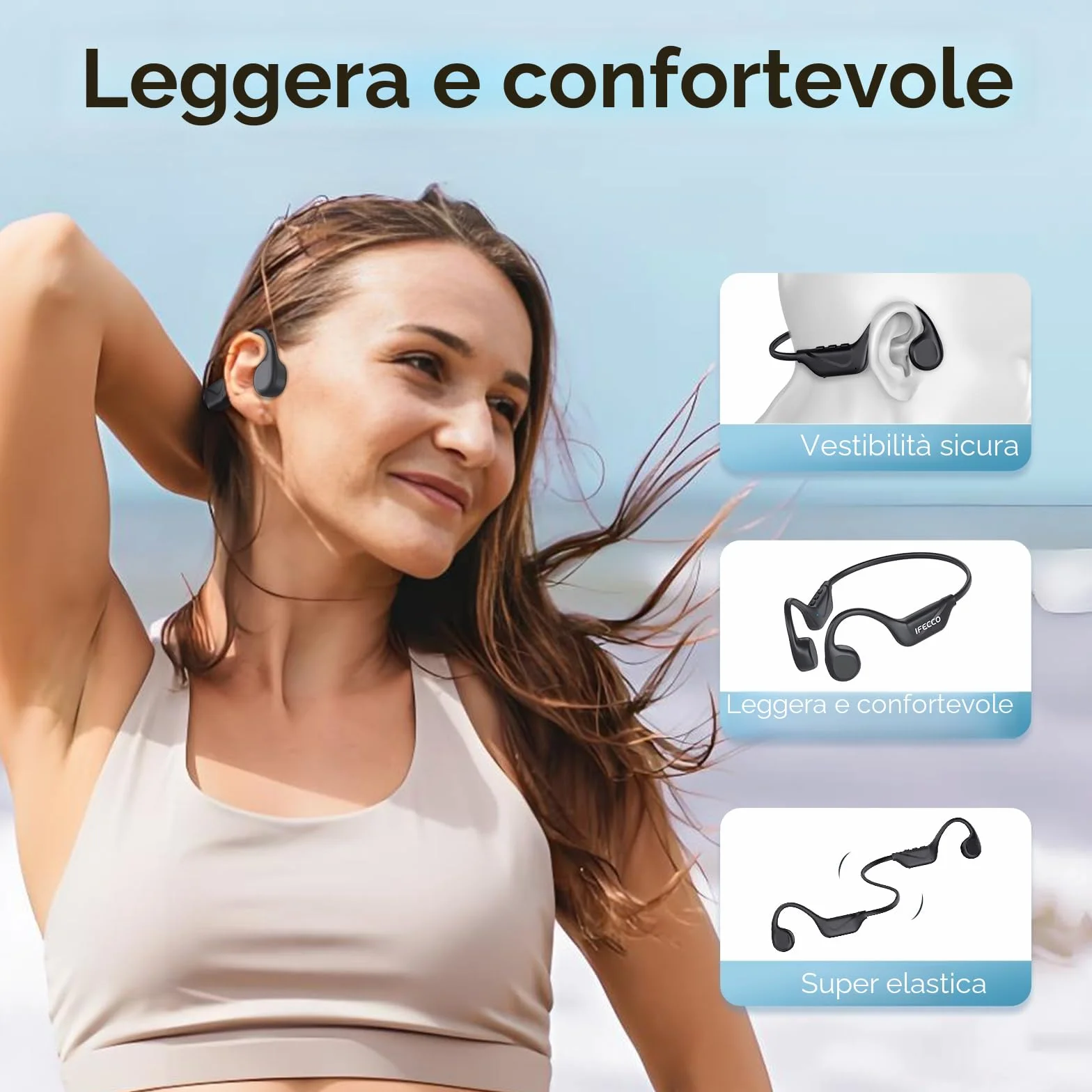IFECCO Cuffie Conduzione Ossea, Auricolari Conduzione Ossea Bluetooth 5.4 con Microfono, IPX5 Impermeabili Auricolari Sportive, Open-ear Cuffie per Ciclismo Corsa Fitness