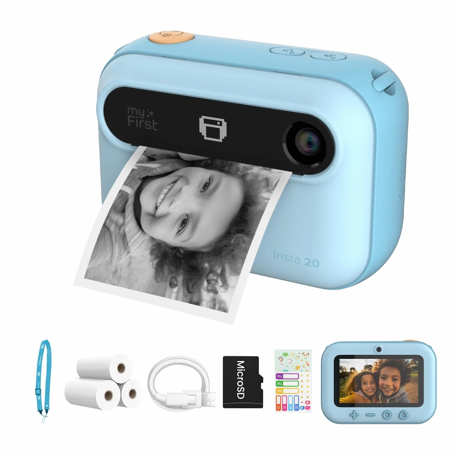 myFirst Camera Insta 20, Fotocamera Digitale a Stampa Istantanea per Bambini con Foto da 16MP, 1080p, Obiettivo Selfie, Stampa Illimitata, Scheda di Memoria fino a 32 GB Non Inclusa, Blu