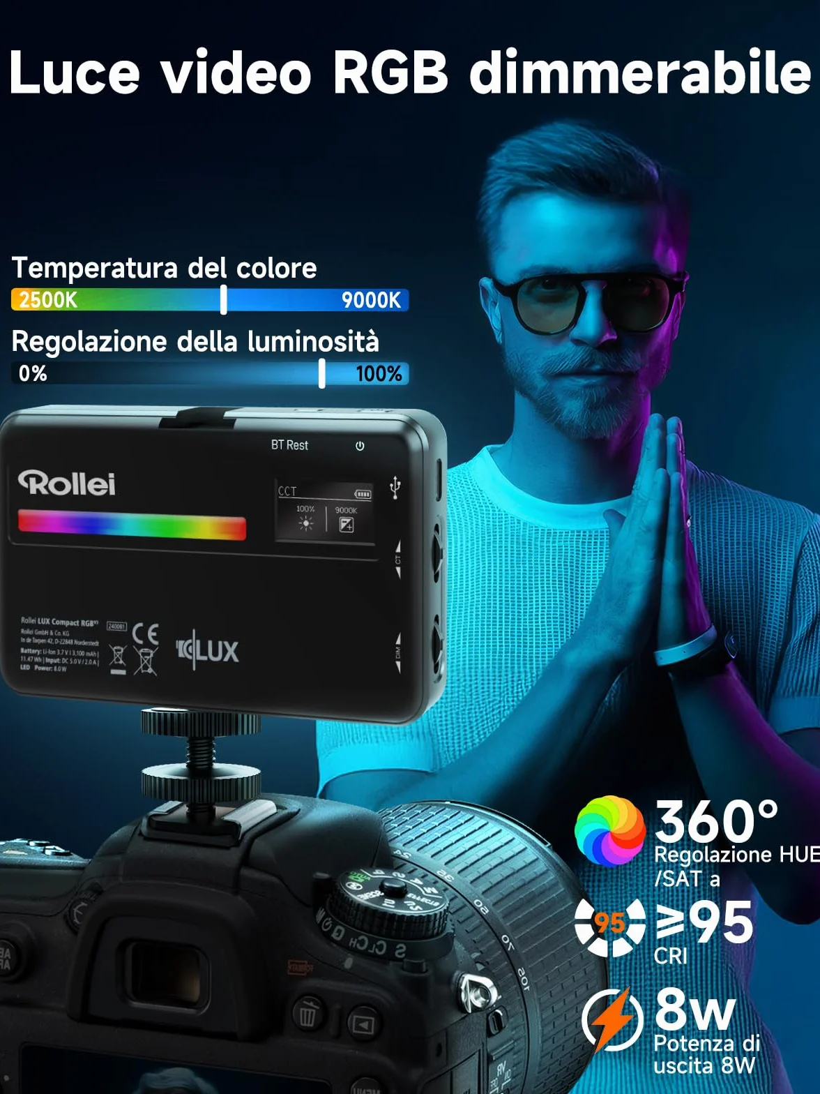 Luce Led Fotografia, Rollei Lumis Compact RGB Faretto Video Fotografiche Portatile 125g 98 CRI/TLCI con 13 Effetti e Batteria Ricaricabile per Macchina Fotografica, Faretto-Luce-Fotografia-LED-Video