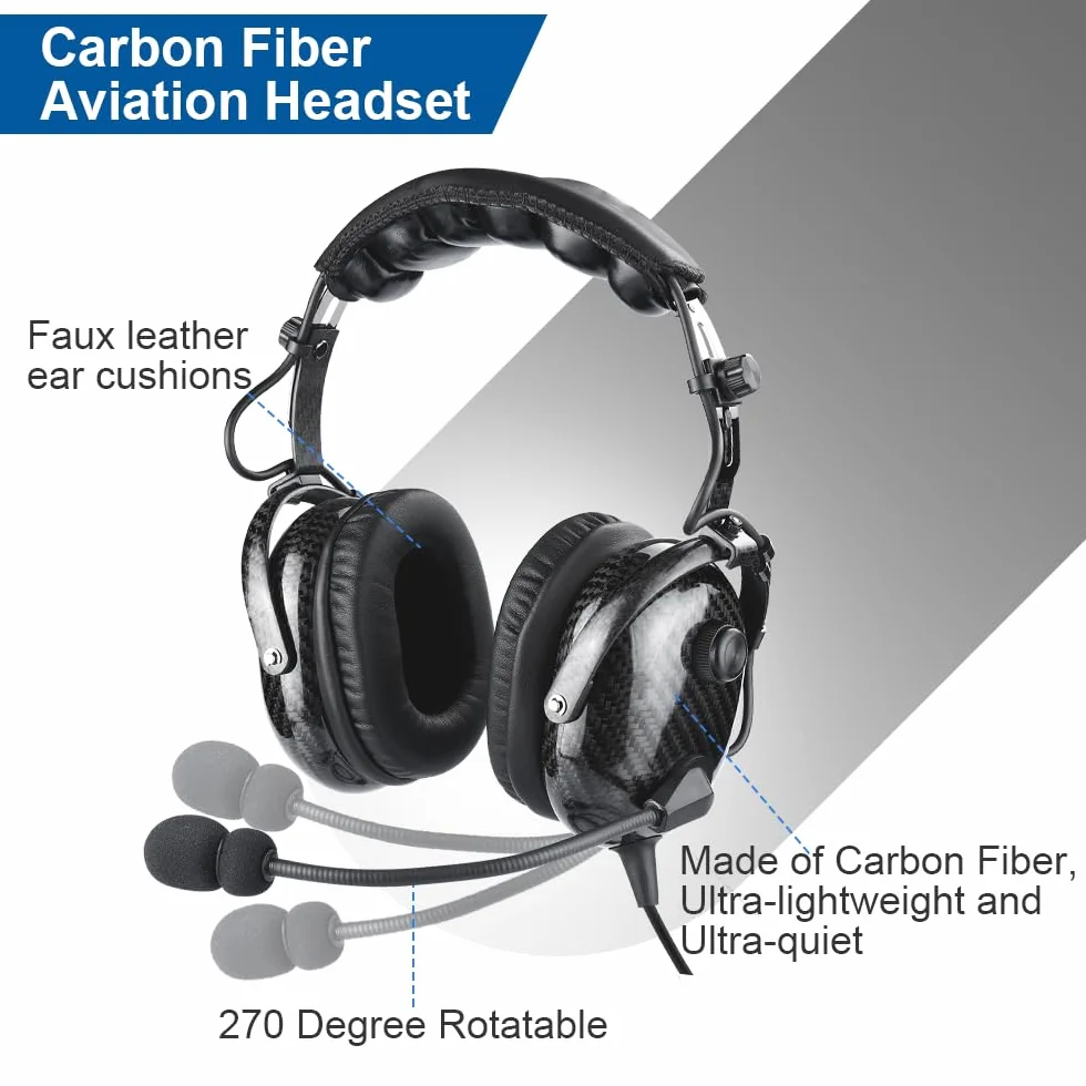 Cuffie aviazione in fibra di carbonio con riduzione passiva del rumore, compatibilità mono e stereo, microfono con cancellazione del rumore, ingresso MP3, include borsa per cuffie