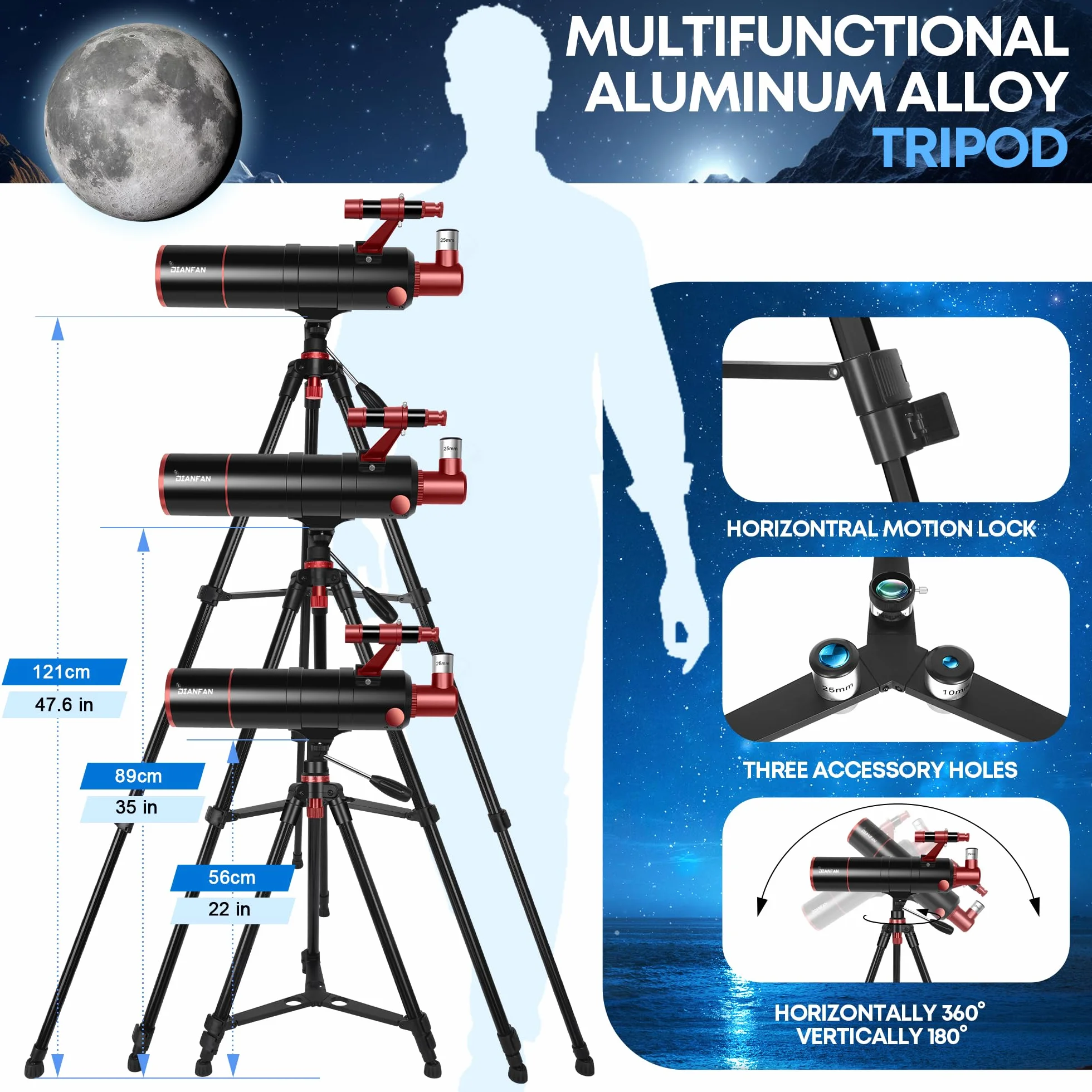 Dianfan Telescopio 90/550 Astronomico Professionale per Adulti, Telescopio Rifrattore Portatile per Principianti con Treppiede, Adattatore Smartphone, Borsa e Sgabello Pieghevole