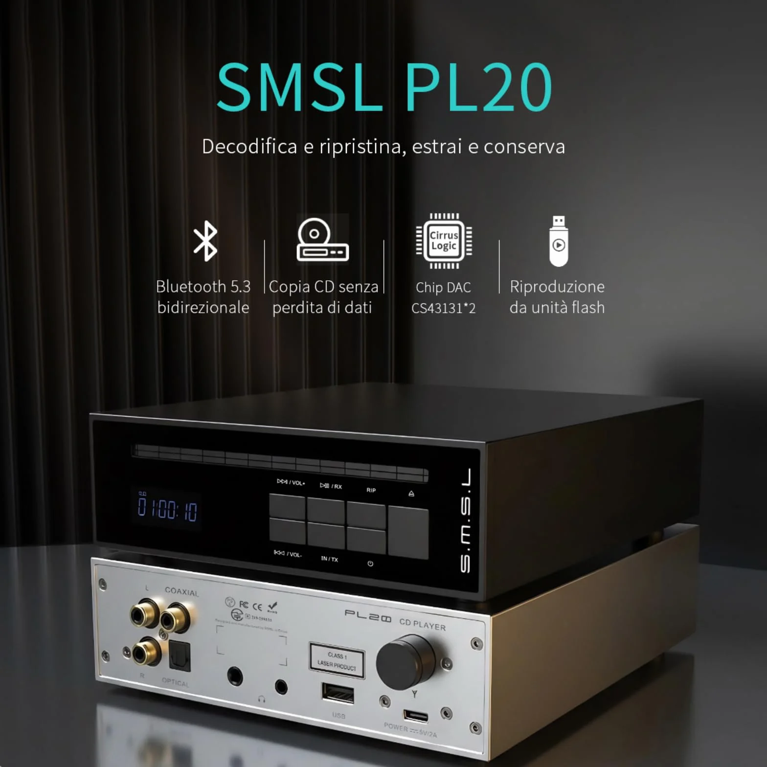 SMSL PL20 Lettore CD HiFi per Casa, con Funzione di Ripping CD, Bluetooth per Auto, 2 chip CS43131, Ingresso USB/Bluetooth, Uscite RCA/BT/3,5 mm/4,4 mm Bilanciata/Digitale Ottica/Coassiale (Nero)