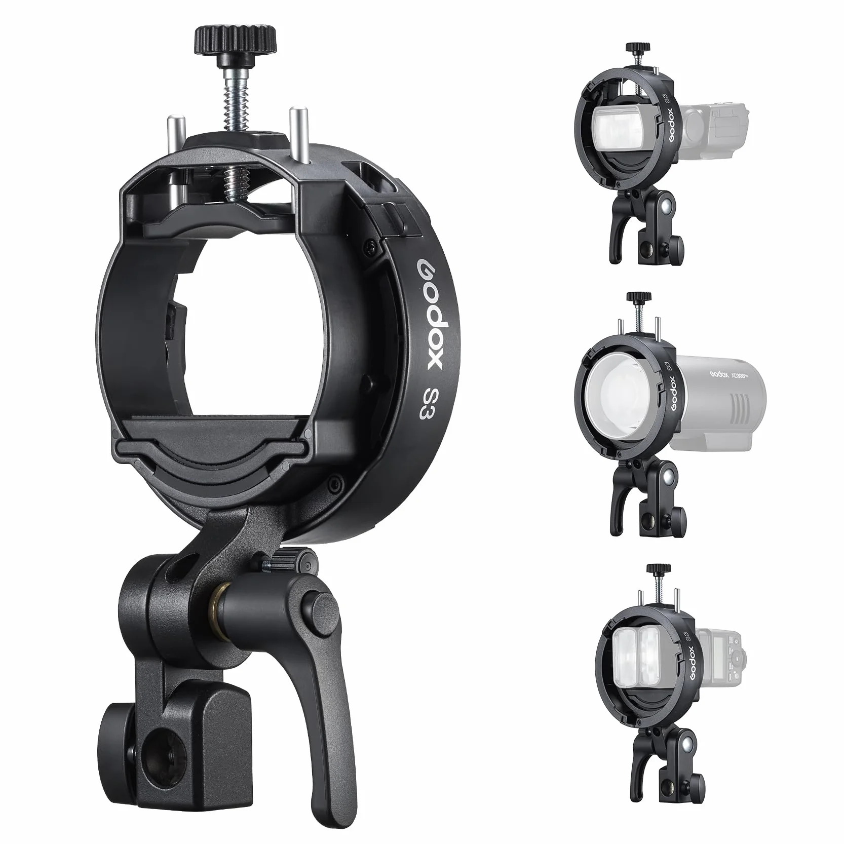 Godox S3 Supporto flash con montaggio Bowens, supporto tipo S, compatto, portatile, regolazione angolare di ±90 ° per V1 V100 V1Pro V860III TT350 AD100 AD200 AD300