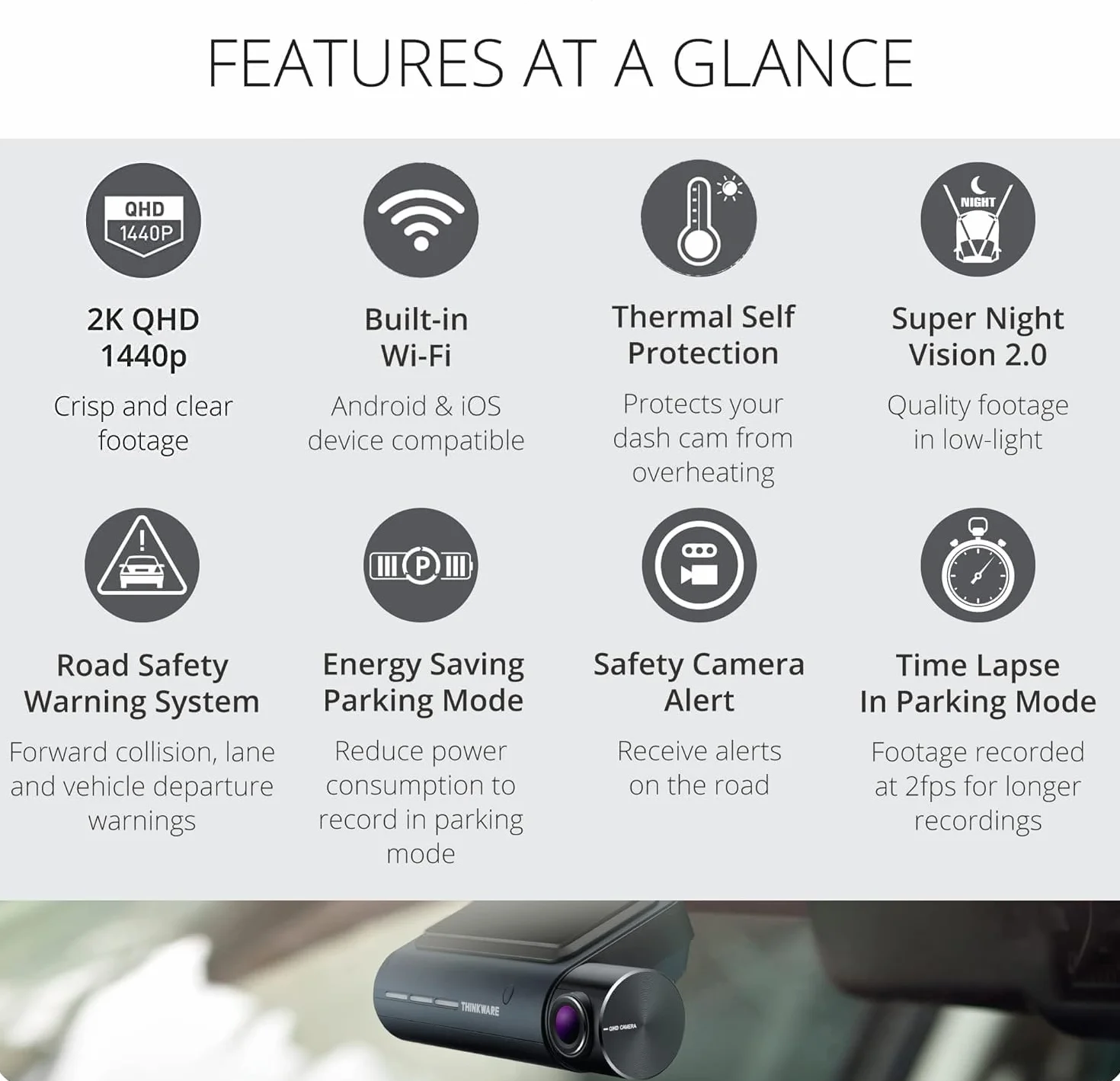 Thinkware Q850 Dash Cam QHD 1440p - Telecamera da cruscotto anteriore con super visione notturna, app connessa - Include cavo di alimentazione per batteria, modalità di parcheggio sicuro e scheda SD