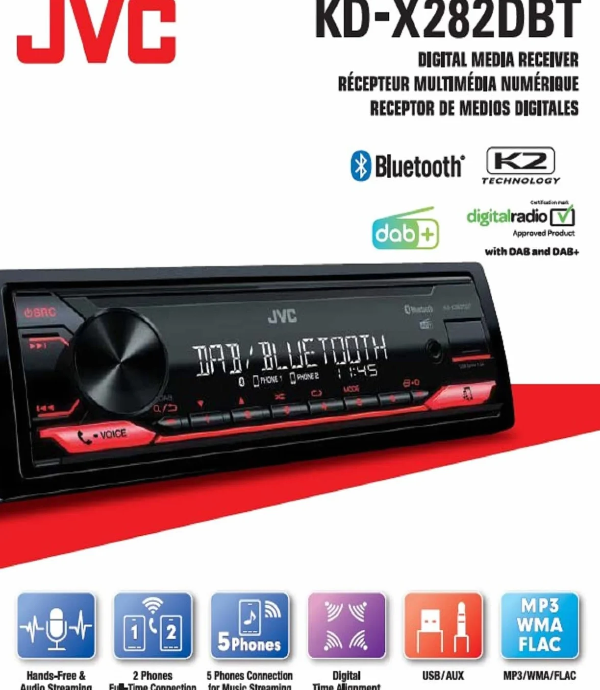 JVC KD-X282DBT Autoradio Bluetooth Digital Media Receiver DAB+ Streaming Audio USB AUX Nero
