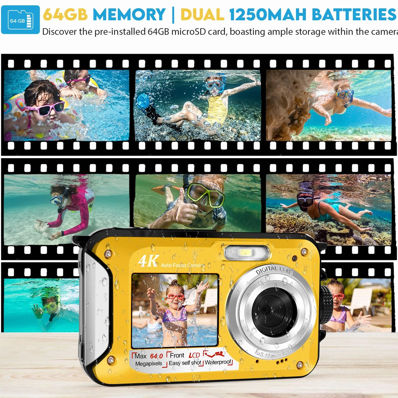 64MP Macchina Fotografica Subacquea Con Scheda Di Memoria Da 64 GB, 4K Fotocamera Subacquea Con Autofocus E Doppio Schermo Selfie HD, 5 Metri Fotocamera Subacquea Digitale (2 Batterie)