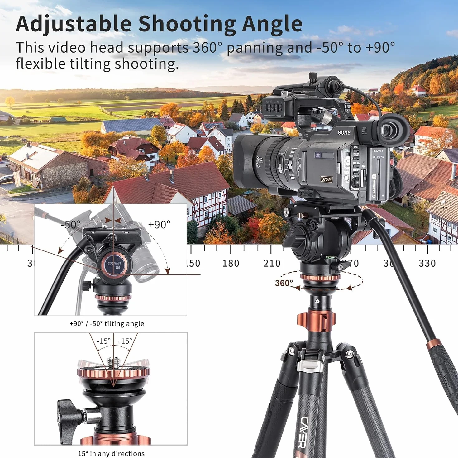 Cayer CF2451 Treppiede video in fibra di carbonio da 67 pollici con testina di trascinamento fluido, treppiede DSLR compatto a 4 sezioni convertibile in monopiede, per fotocamera DSLR Canon Nikon Sony