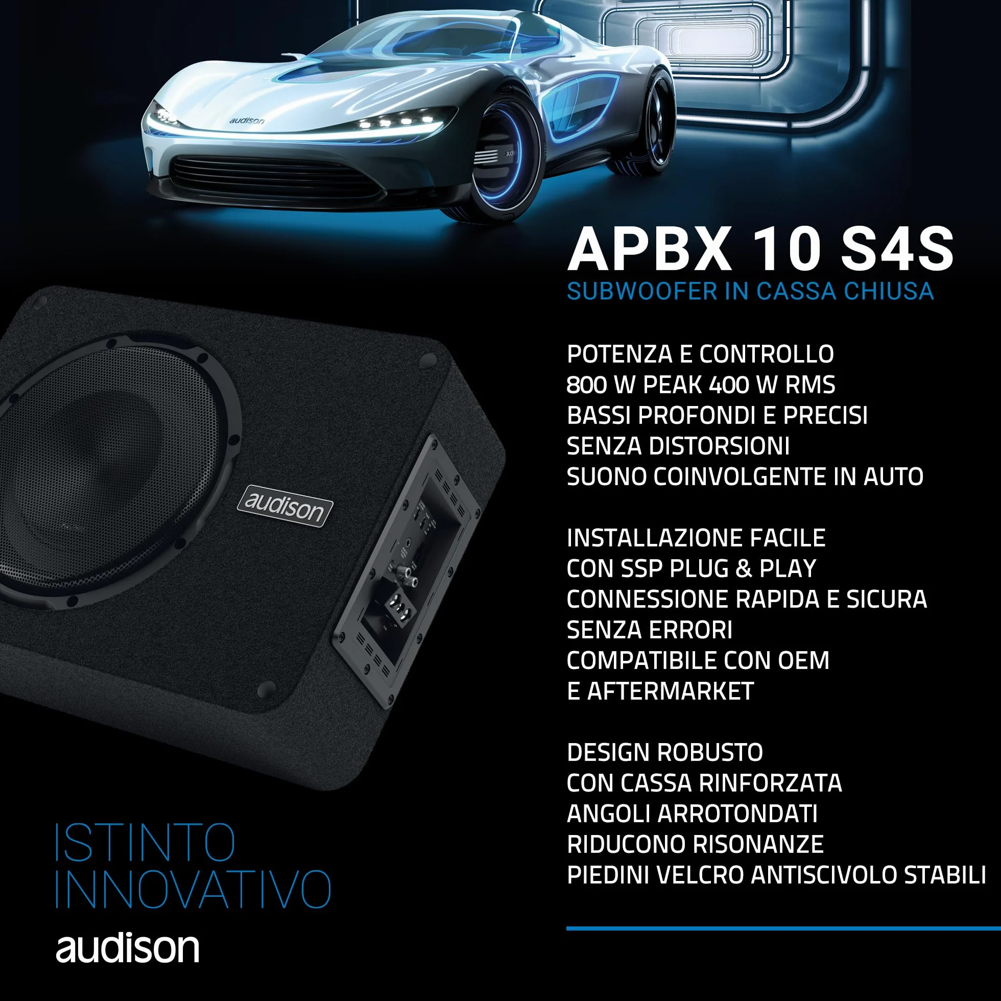 Audison APBX 10 S4S Subwoofer De Caja Sellada 250 mm, 400 W RMS, 800 W Potencia, Excursión Lineal 11 mm, Cono Papel Prensado Hidrófugo, Negro