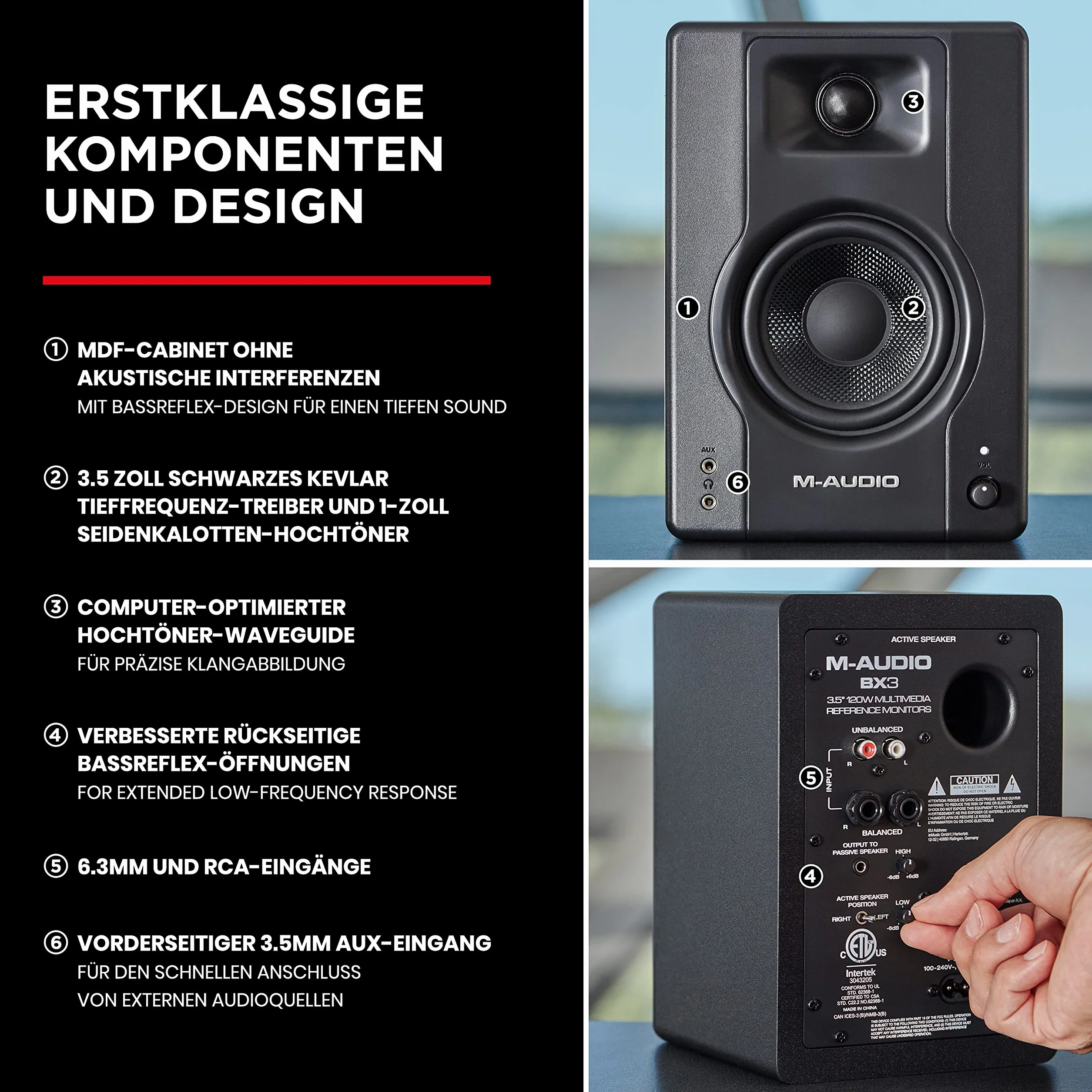 M-Audio BX3 Casse attive amplificate da 120 W da scrivania Monitor da studio per gaming, produzione musicale, streaming e podcast (coppia) & AKG K52 Closed Back Cuffie, Nero