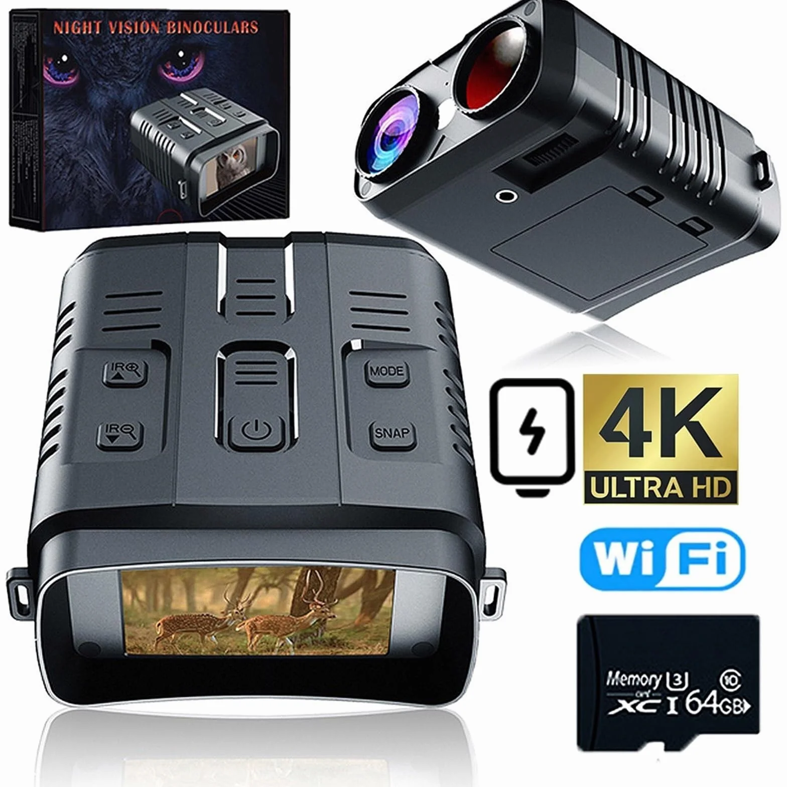 Visore Notturno, Ponbos NV009 4K UHD 800M a infrarossi Visione Notturna binoculare 42MP Zoom 10X telescopio Digitale Ricaricabile for Caccia Campeggio(with 64G TF Card)