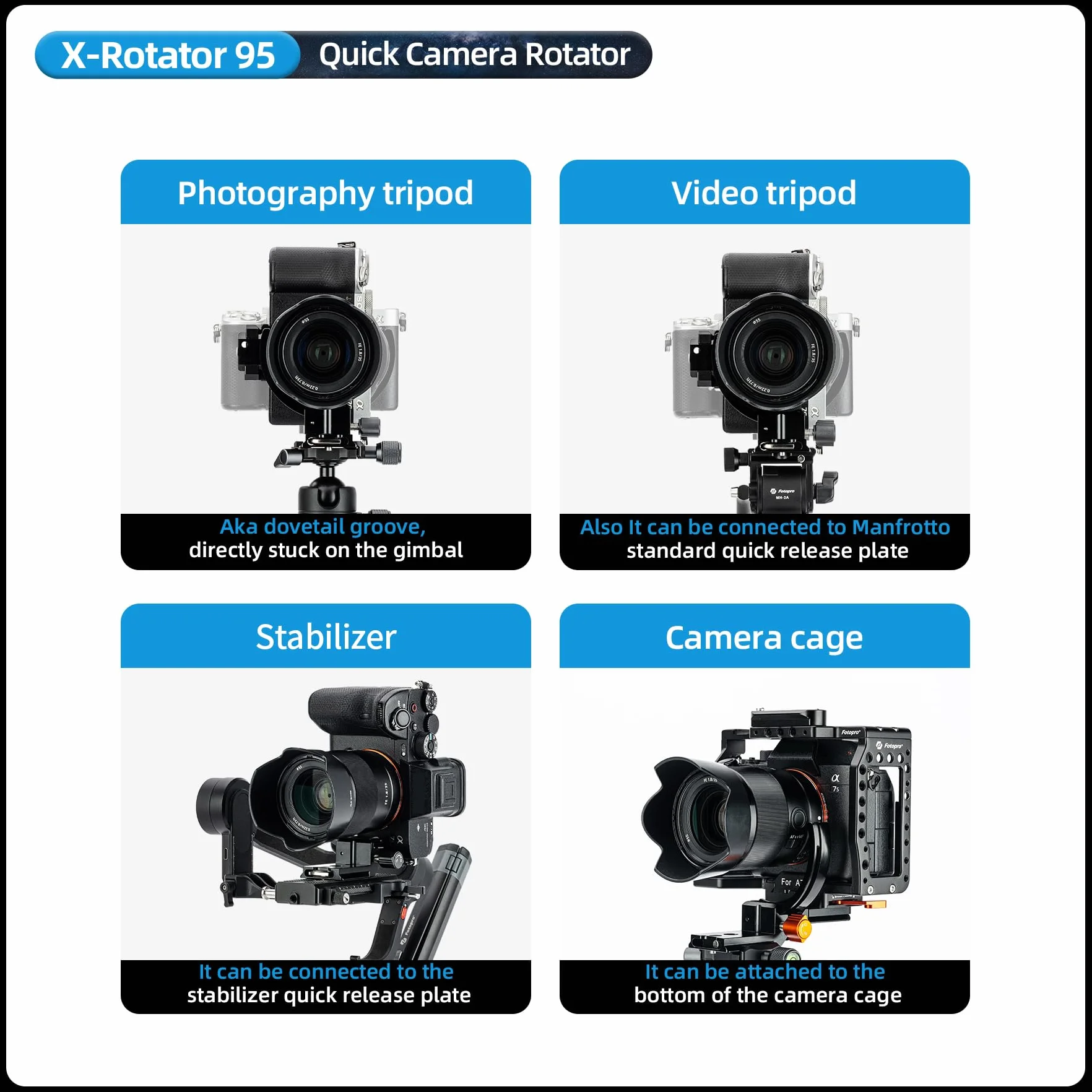 Fotopro Supporto verticale per fotocamera, anello per obiettivo ad treppiede, piastra girevole 1/4, adatta a Sony, Nikon, Canon, Fuji, Arca-Type