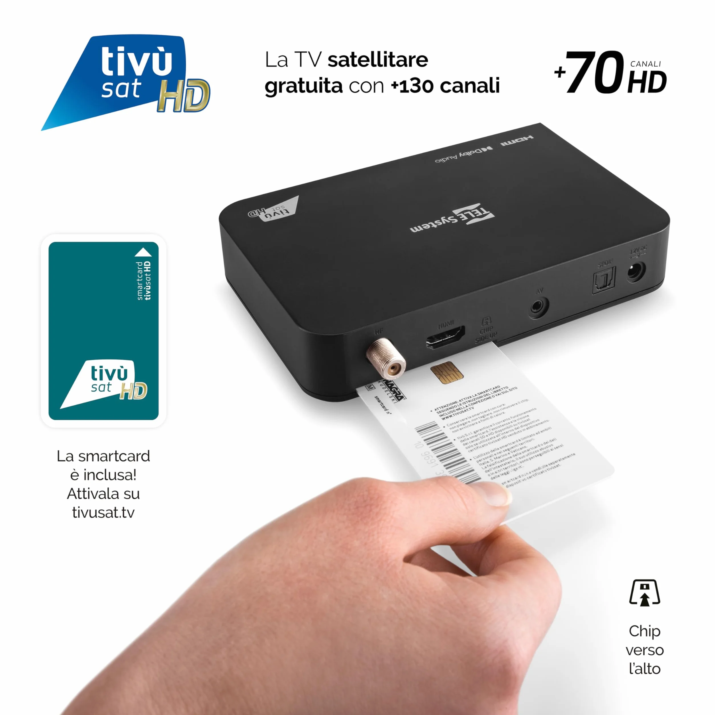 TELE System Decoder Satellitare TS9019HEVC, Smartcard tivùsat Classic (Merlin) Inclusa, Oltre 70 Canali HD Gratuiti, Aggiornamento Automatico Canali