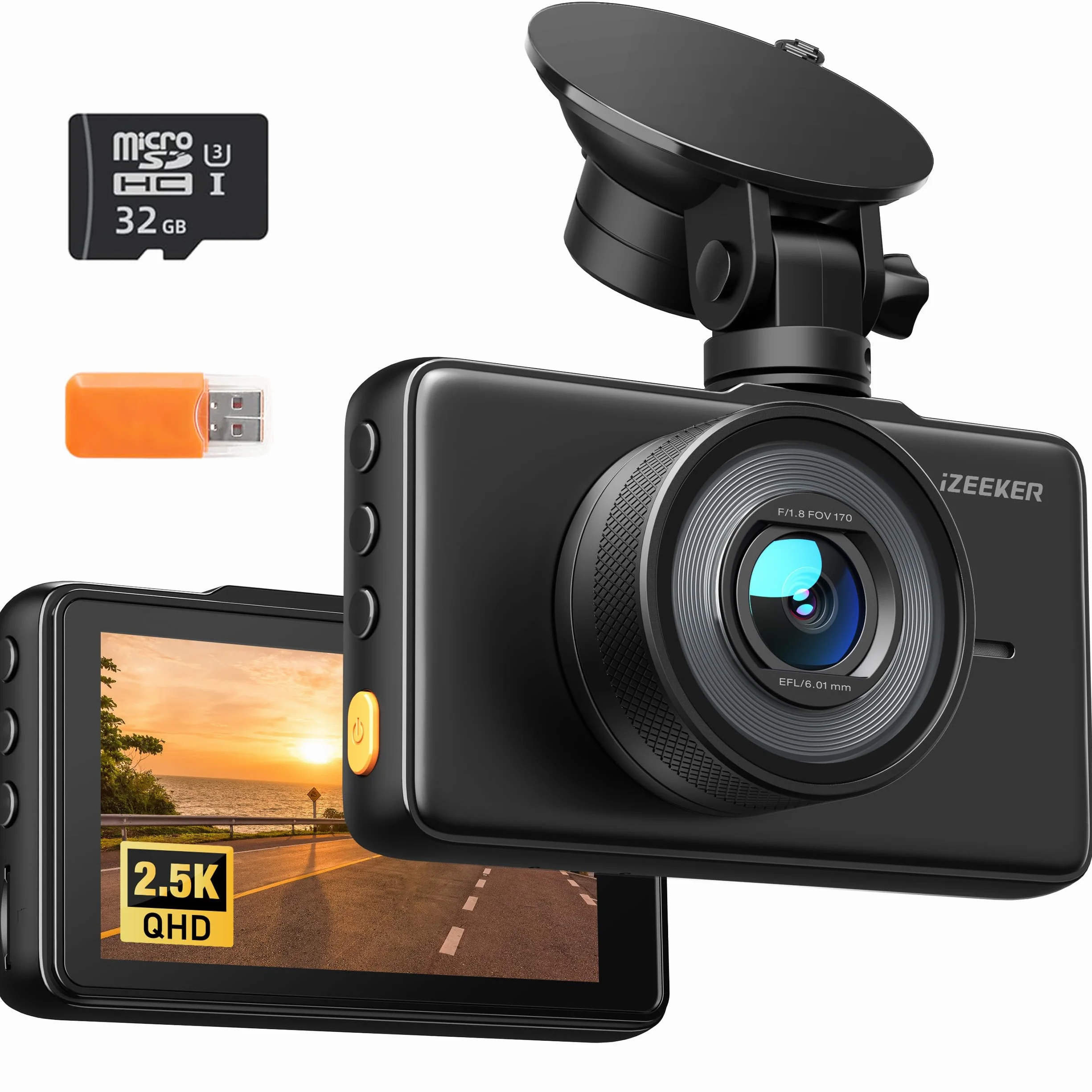 iZEEKER 2.5K Dash Cam Auto, Telecamera per Auto 1440P QHD con Scheda SD 32G, Dashcam IPS 3", Visione Notturna, WDR, Grandangolo 170°, Registrazione in loop, Sensore G, 24H Monitor di Parcheggio