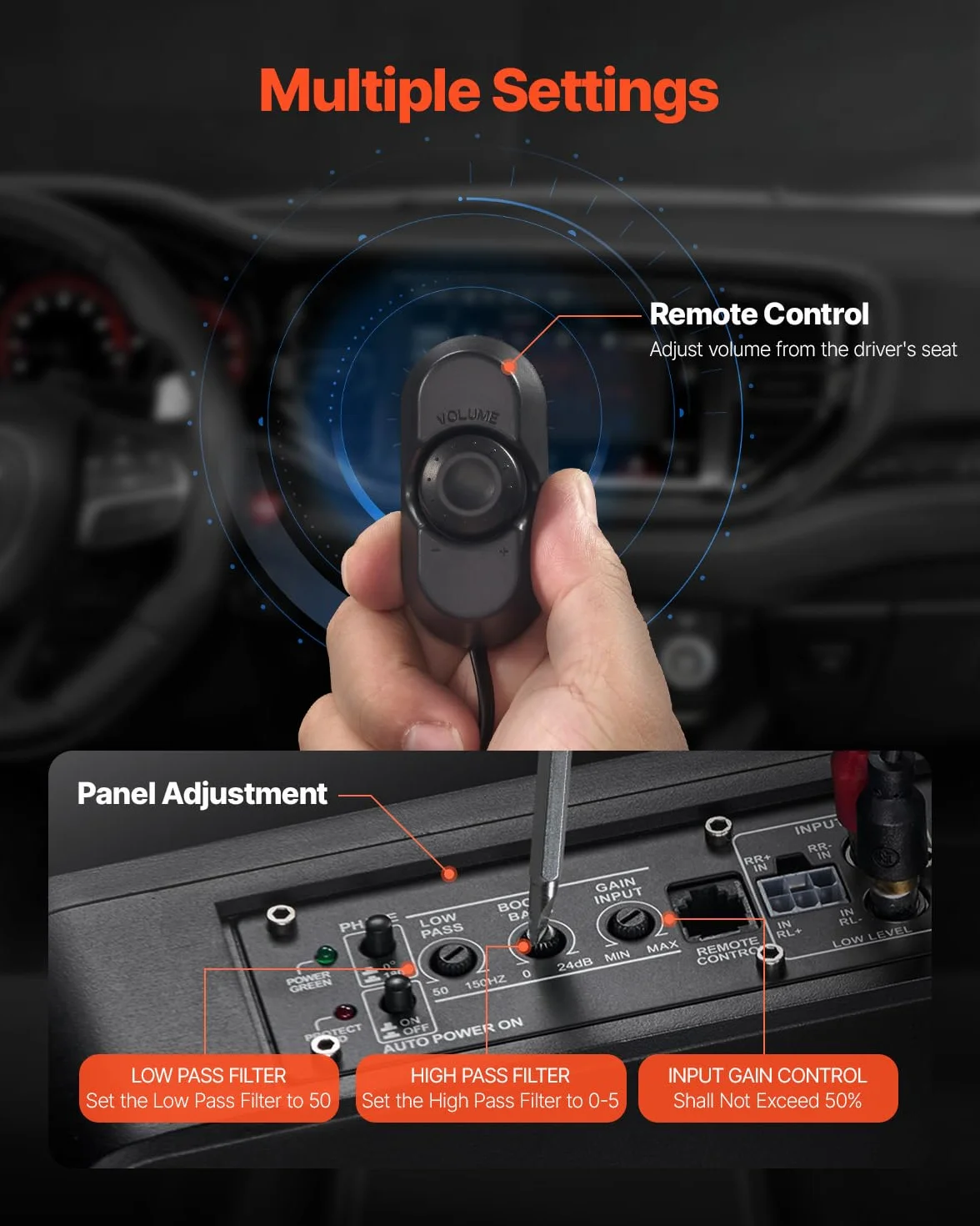 VEVOR Subwoofer 400 W 254 mm sottile con amplificatore integrato ingresso alto/basso controllo volume per camion SUV