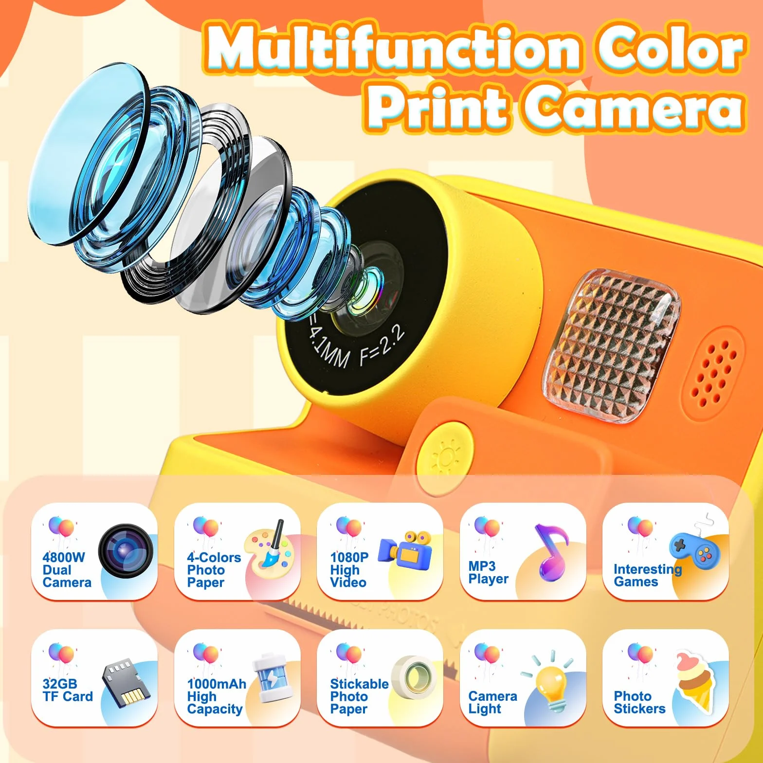 Fotocamera a colori per bambini con stampa istantanea, 1080P 4800W doppia fotocamera con scheda TF 32 GB, fotocamera digitale giocattolo videocamera regalo compleanno Natale per ragazzi ragazze