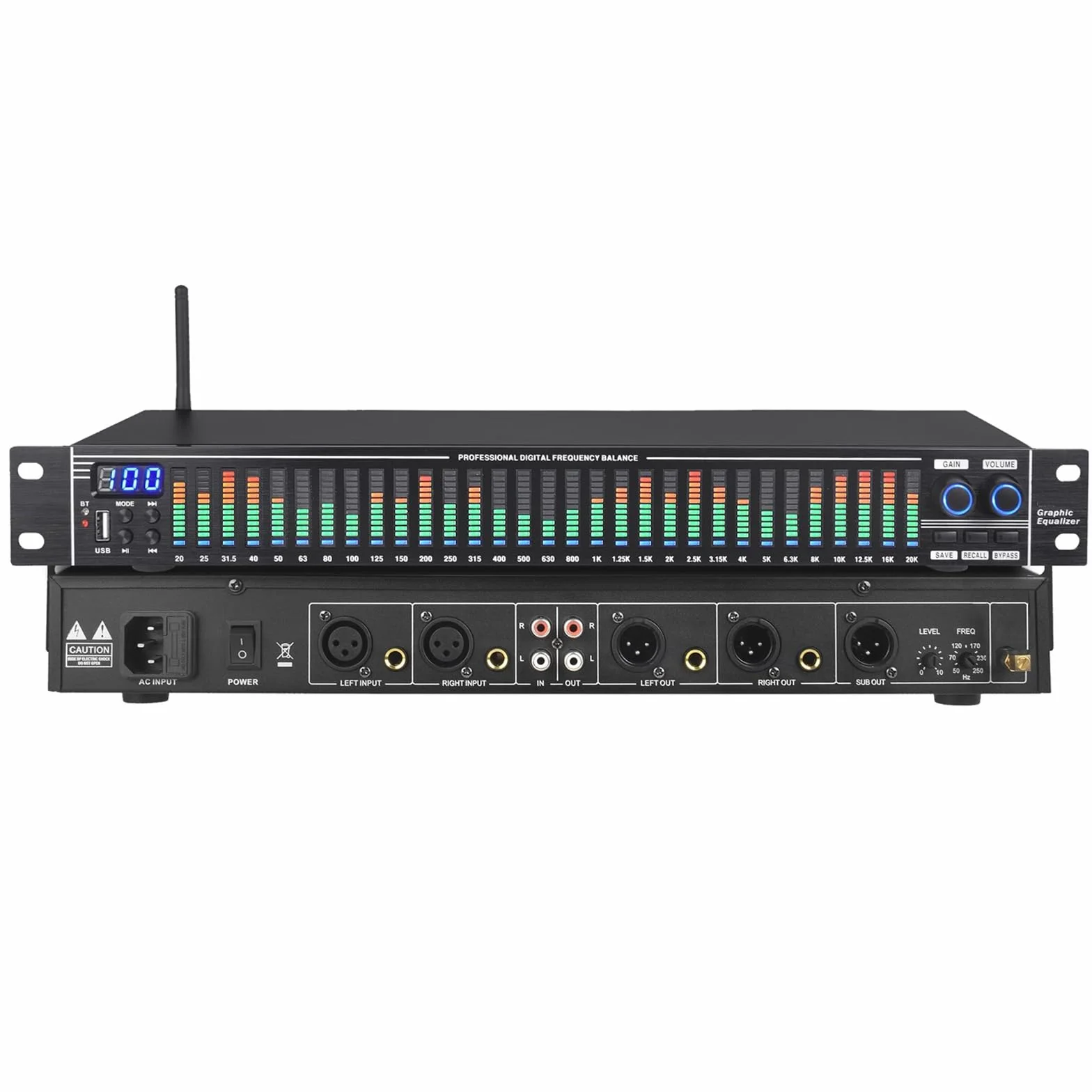 Equalizzatore Grafico Stereo a 31 Bande, Equalizzatore Audio Digitale, con Display a Spettro LED, 10 Effetti Preimpostati, Riduzione del Rumore, Regolazione Bassi/Medi/Alti
