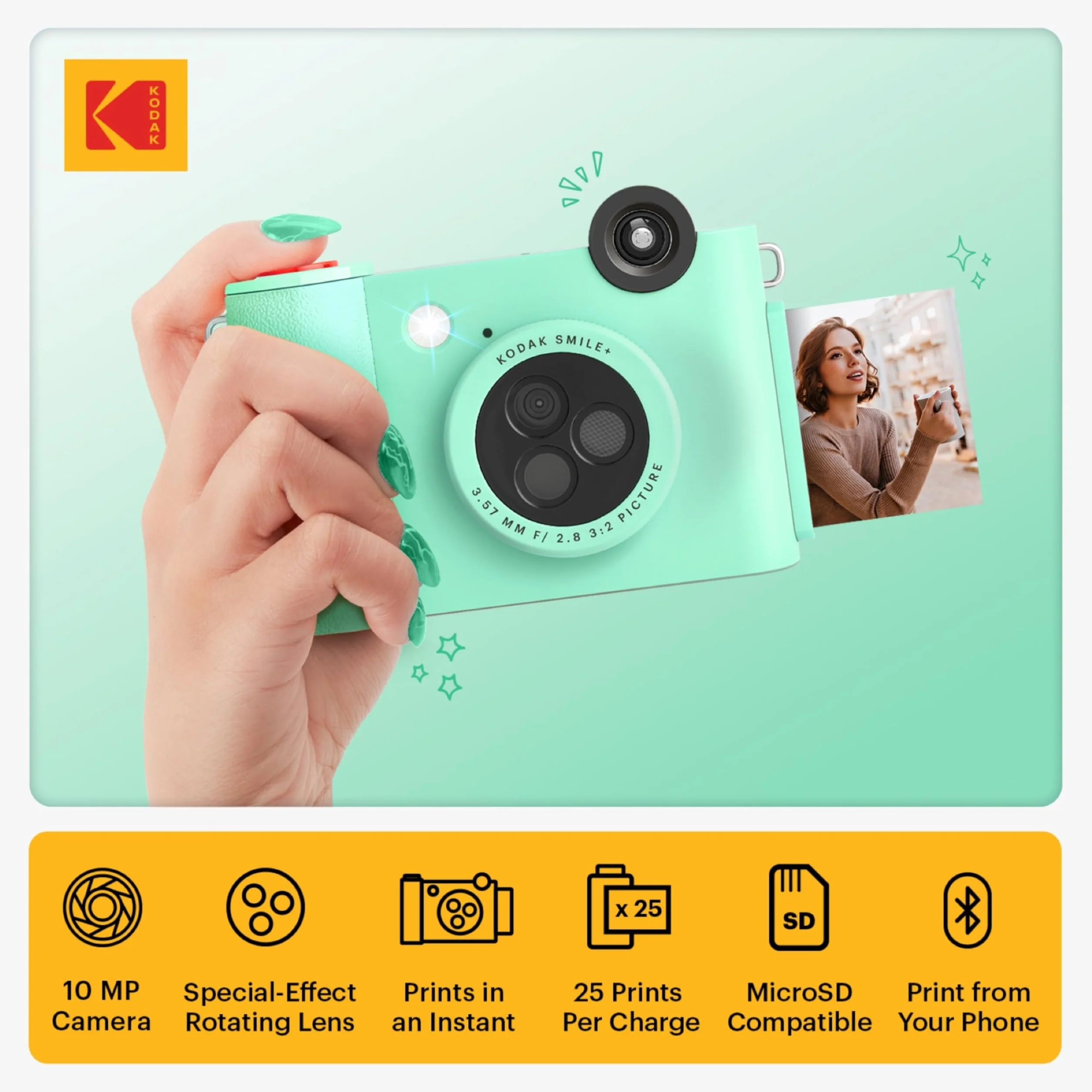 KODAK Smile+ 2-in-1 Fotocamera & Stampante Foto Bluetooth - Pacchetto Iniziale + Custodia Morbida + Carta Zink 20pz - 10MP - Verde