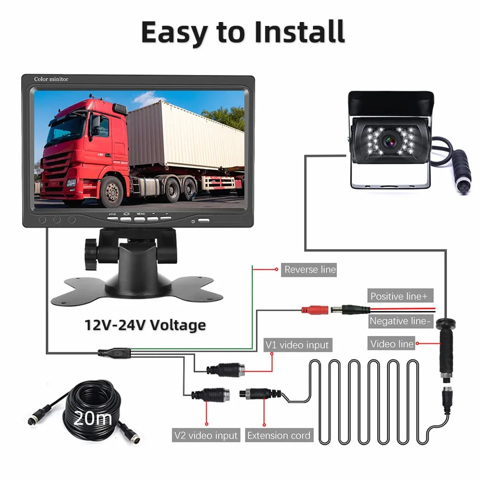 Kit Telecamera Retromarcia con 7 Pollici monitor HD, Telecamera Backup Impermeabile IP68 Visione Notturna 18IR, Telecamera Posteriore Auto con Cavo 4 Pin 20 m 12V-24V per Camper/Camion/Bus/Rimorchi