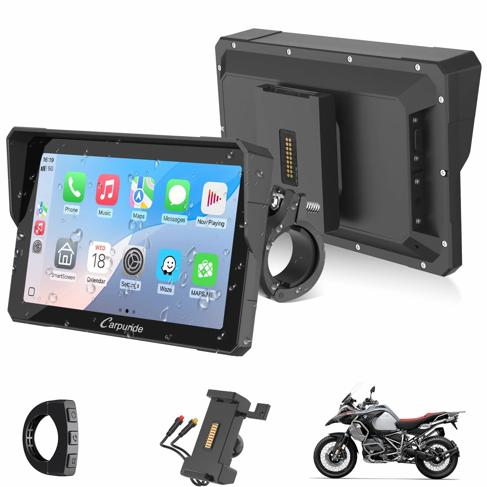CARPURIDE W702S Pro Moto Carplay Schermo con BM05 Supporto per Plug-and-Play, Senza Fili CarPlay e Android Auto, 7" Impermeabile Touchscreen, Doppio Bluetooth, Cablato Controller, Bussola.