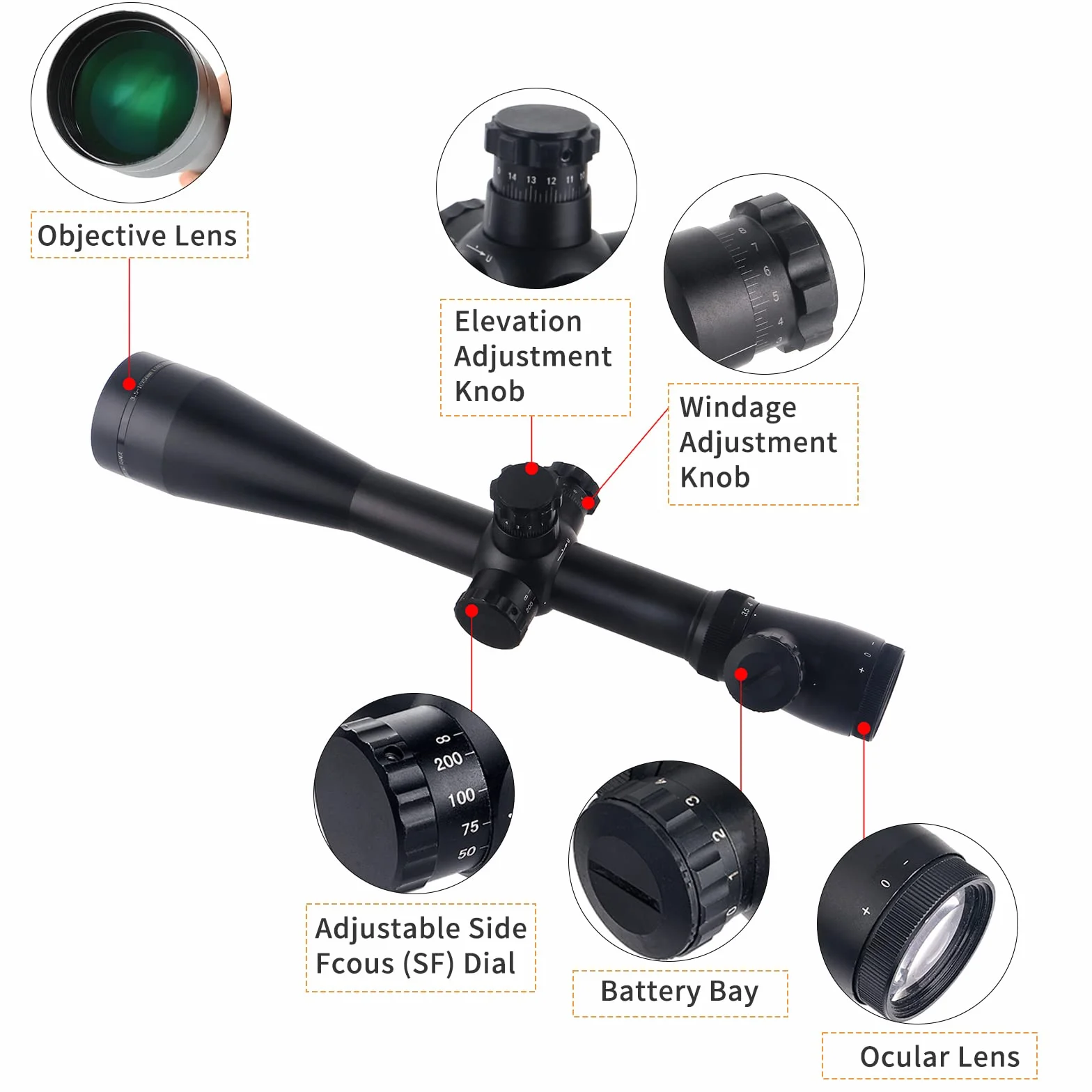 Ottica Cannocchiale Caccia 3.5-10X50mm Cannocchiale Carabina Telemetro Rapido Rosso Illuminato Reticolo Airsoft Mirino con 20mm/11mm Mount Rings