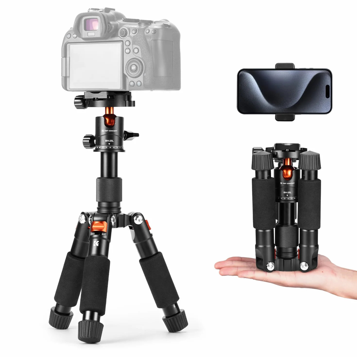 K&F CONCEPT Mini treppiede da tavolo portatile, Treppiede compatto per fotocamera e smartphone in alluminio da 52 cm con testa a sfera a 360°, Piastra rapida da 1/4" per DSLR ecc, capacità di 6 kg