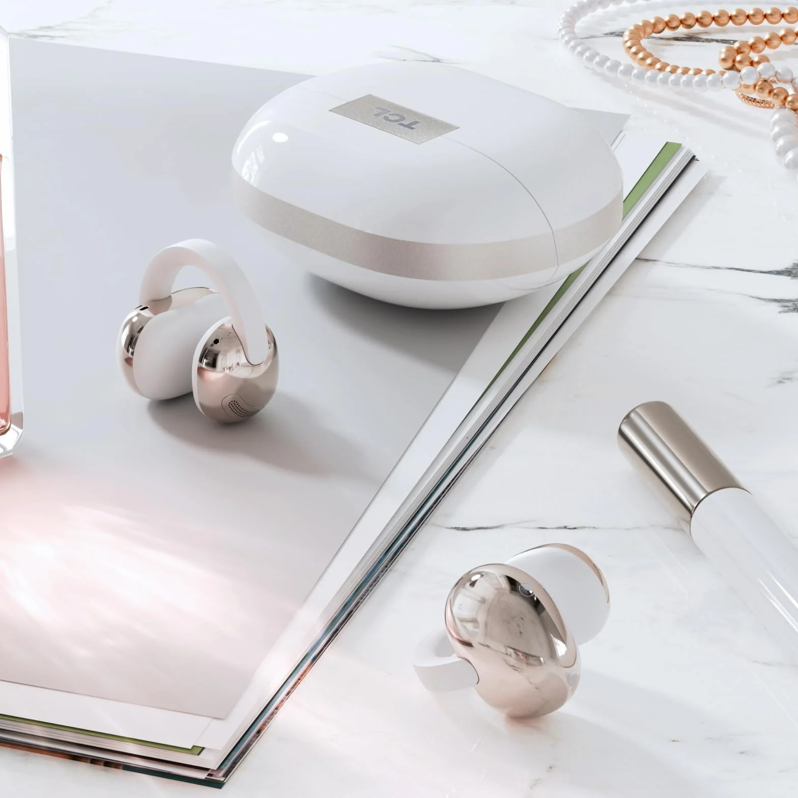 TCL CrystalClip, design a clip, miglioramento dei bassi, suono spaziale 3D, fino a 36 ore di riproduzione, Bianco lunare