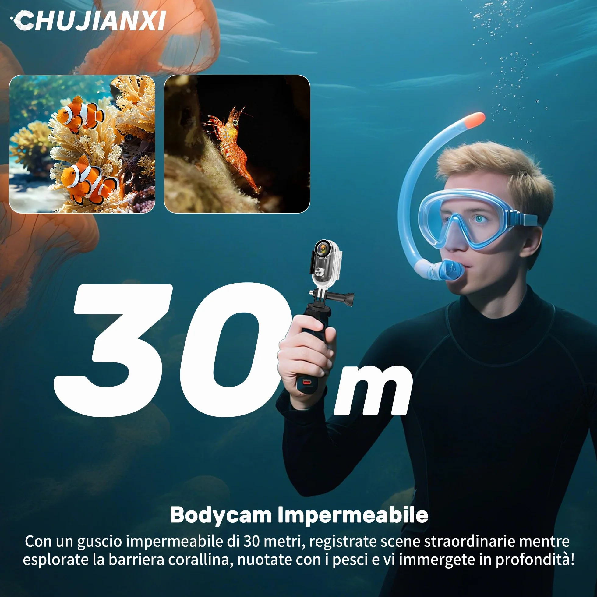 2026 nuovamente migliorata Action Cam 4K (64GB),Body Cam WiFi,Casco Cam Portatile,Fotocamera Indossabile per Casco,Videocamera da Pollice Sott'acqua 30 m,Bodycam POV per Moto Bici Sci Surf Alpinismo