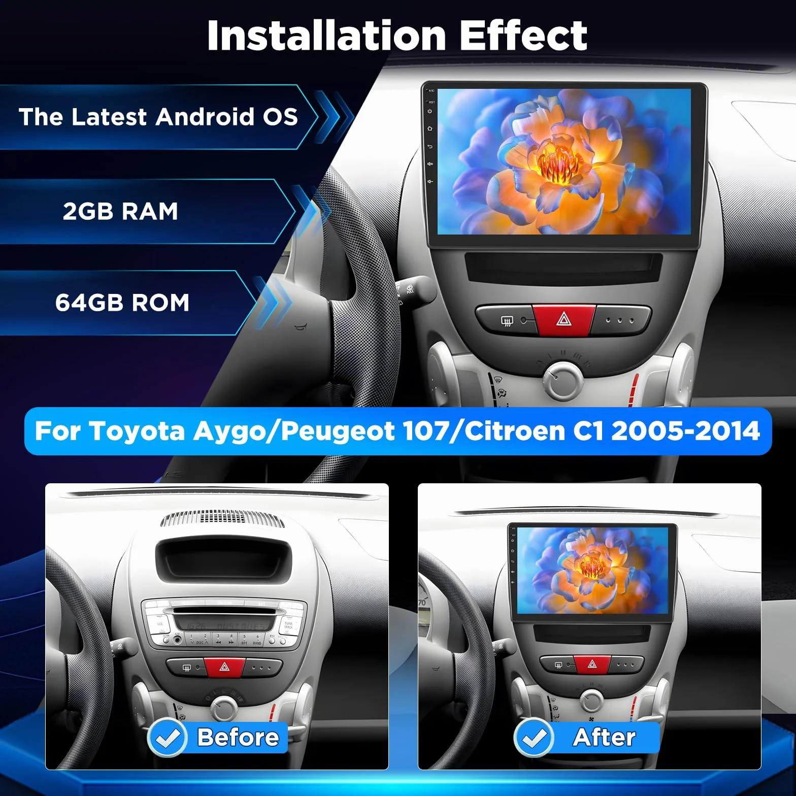 Autoradio Android per Toyota Aygo/Peugeot 107 / Citroen C1 2005–2014, Schermo Touch da 10 Pollici, CarPlay & Android Auto Wireless, GPS, WiFi, DSP, Bluetooth, FM RDS, Supporto Telecamera AHD/OBD/DAB