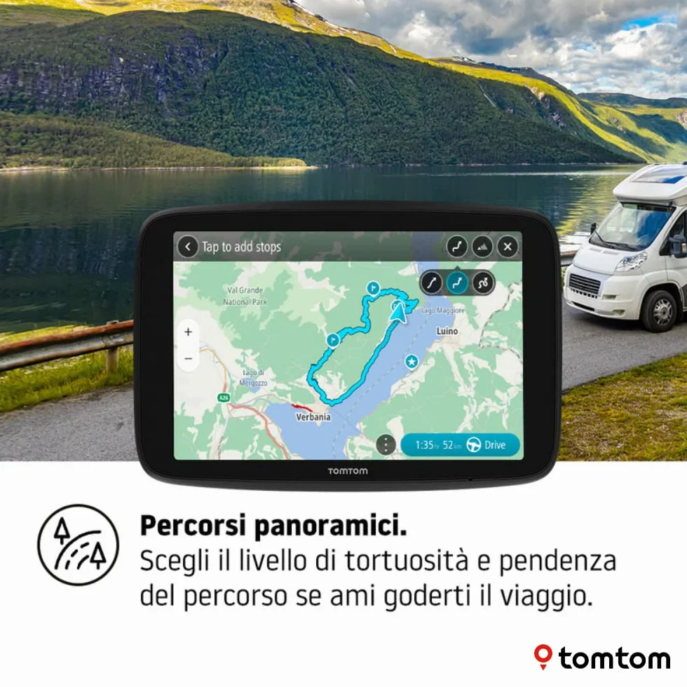 Navigatore satellitare per camper, caravan e roulotte GO Camper Max con schermo HD da 7", PDI per camper, caravan e roulotte, aggiornamenti Wi-Fi, TomTom Traffic, avvisi autovelox e mappe del mondo